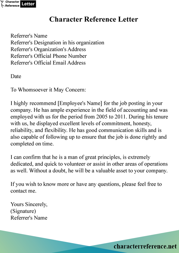 character reference letter For Bank