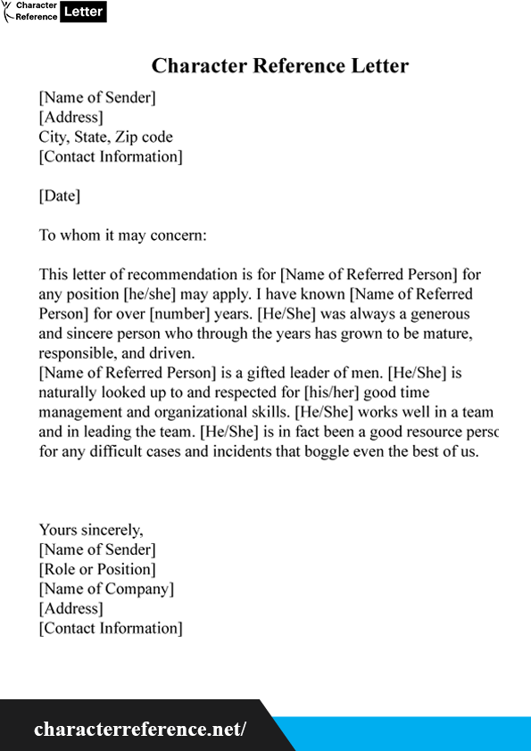 Sample Personal Character Reference Letter For Student