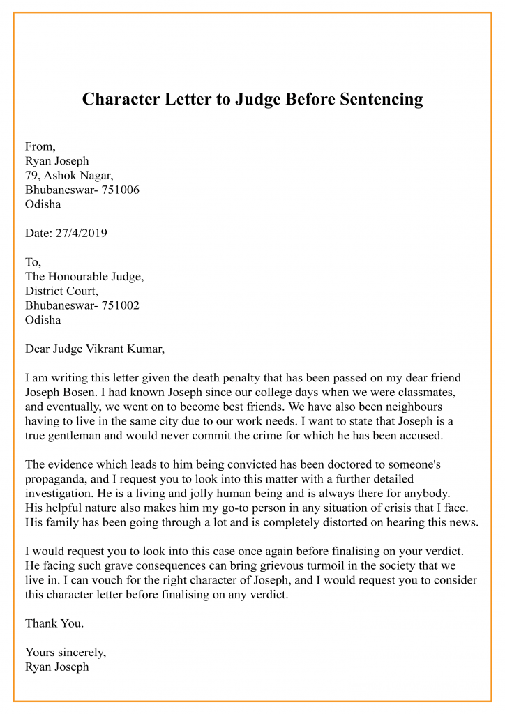 Character Letter To Judge Before Sentencing