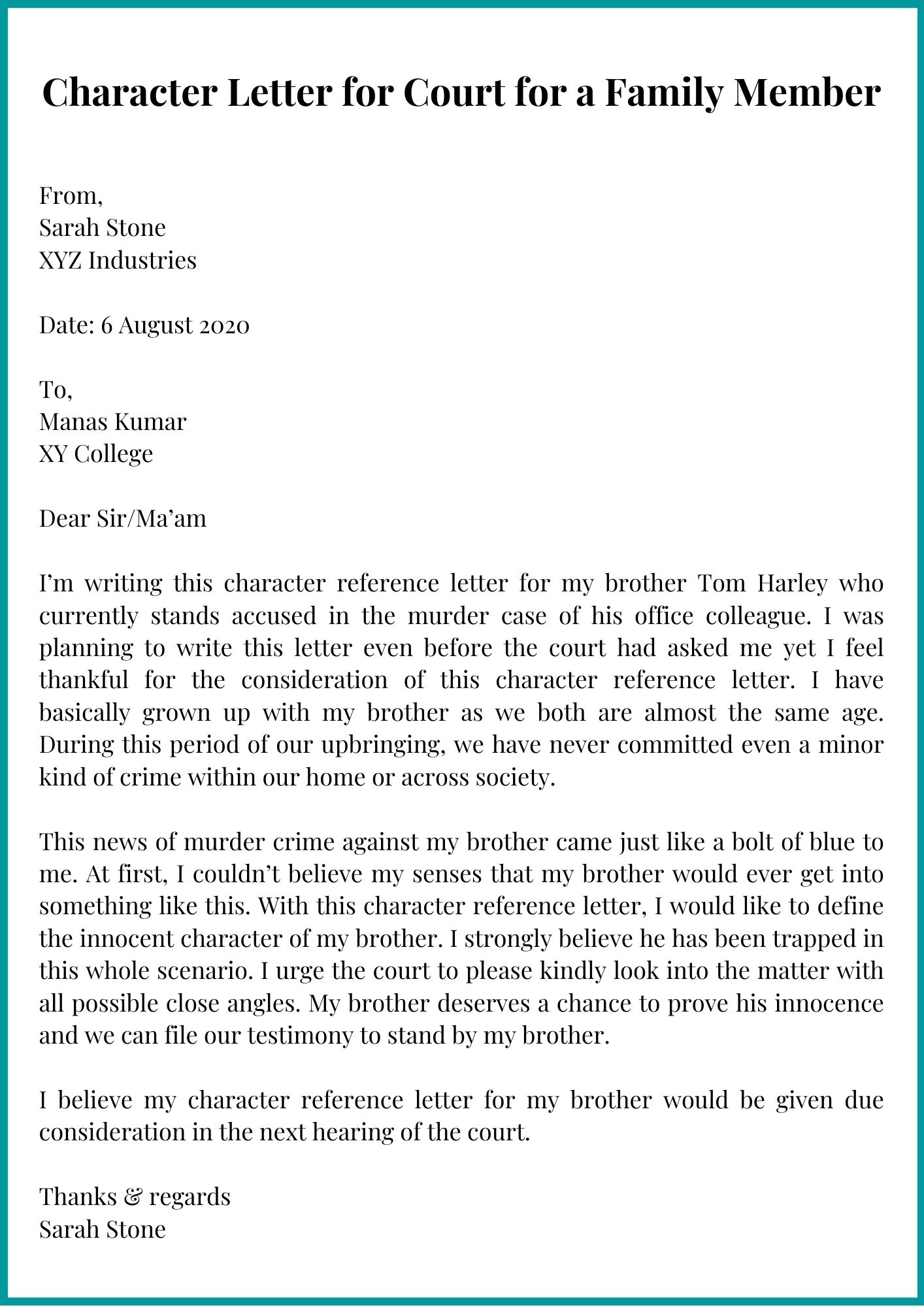 Sample Character Letter For Court For A Family Member