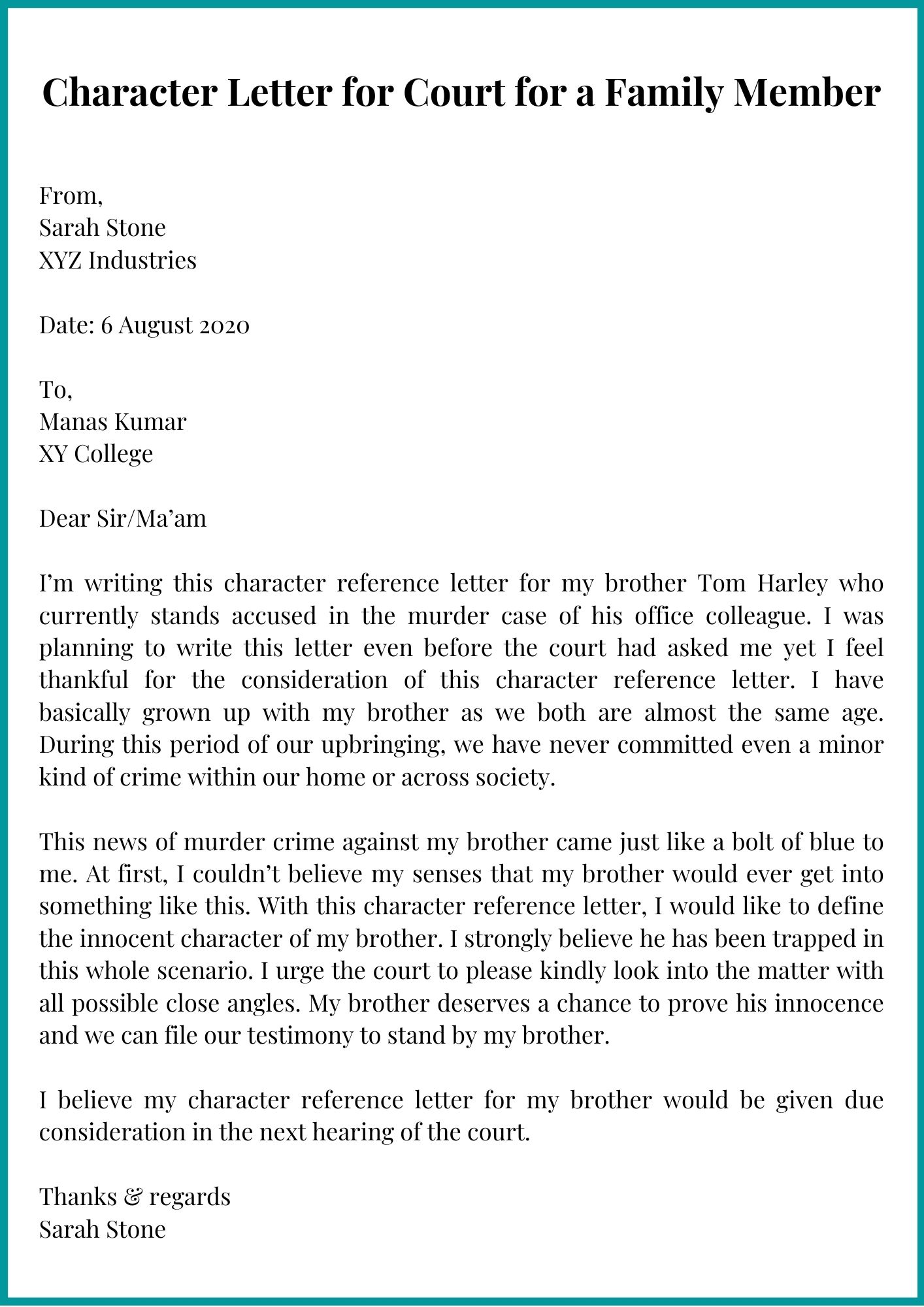 Character Letter For Court For A Family Member Template