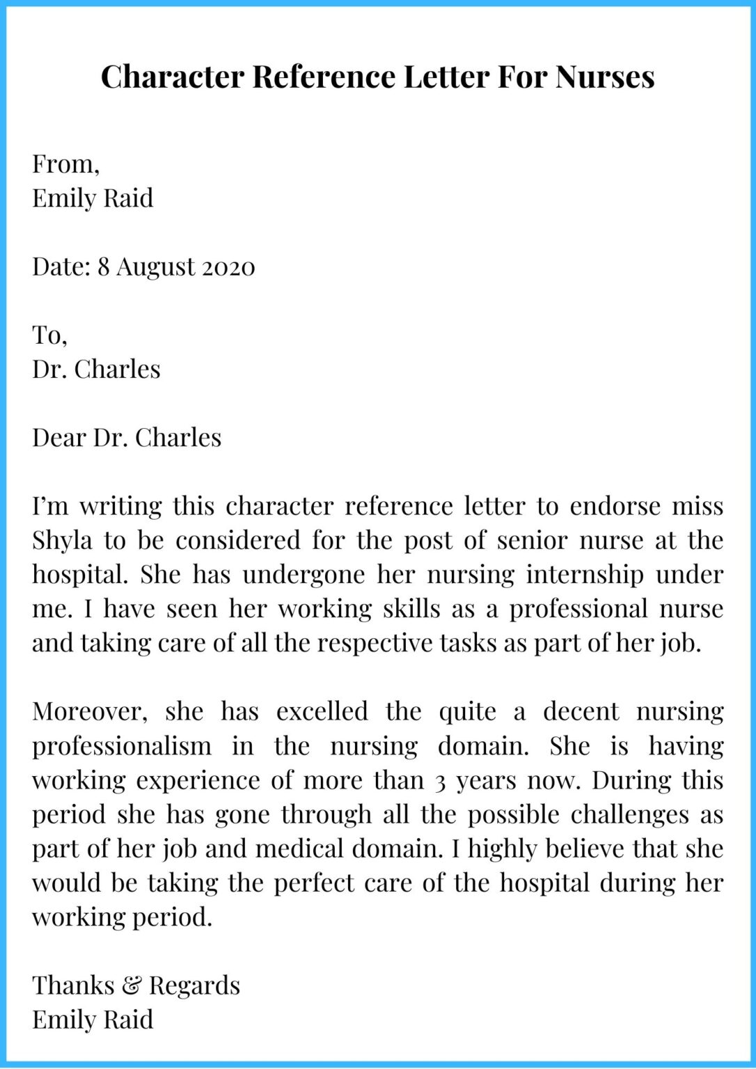 Professional Character Reference Letter For Nurses Samples