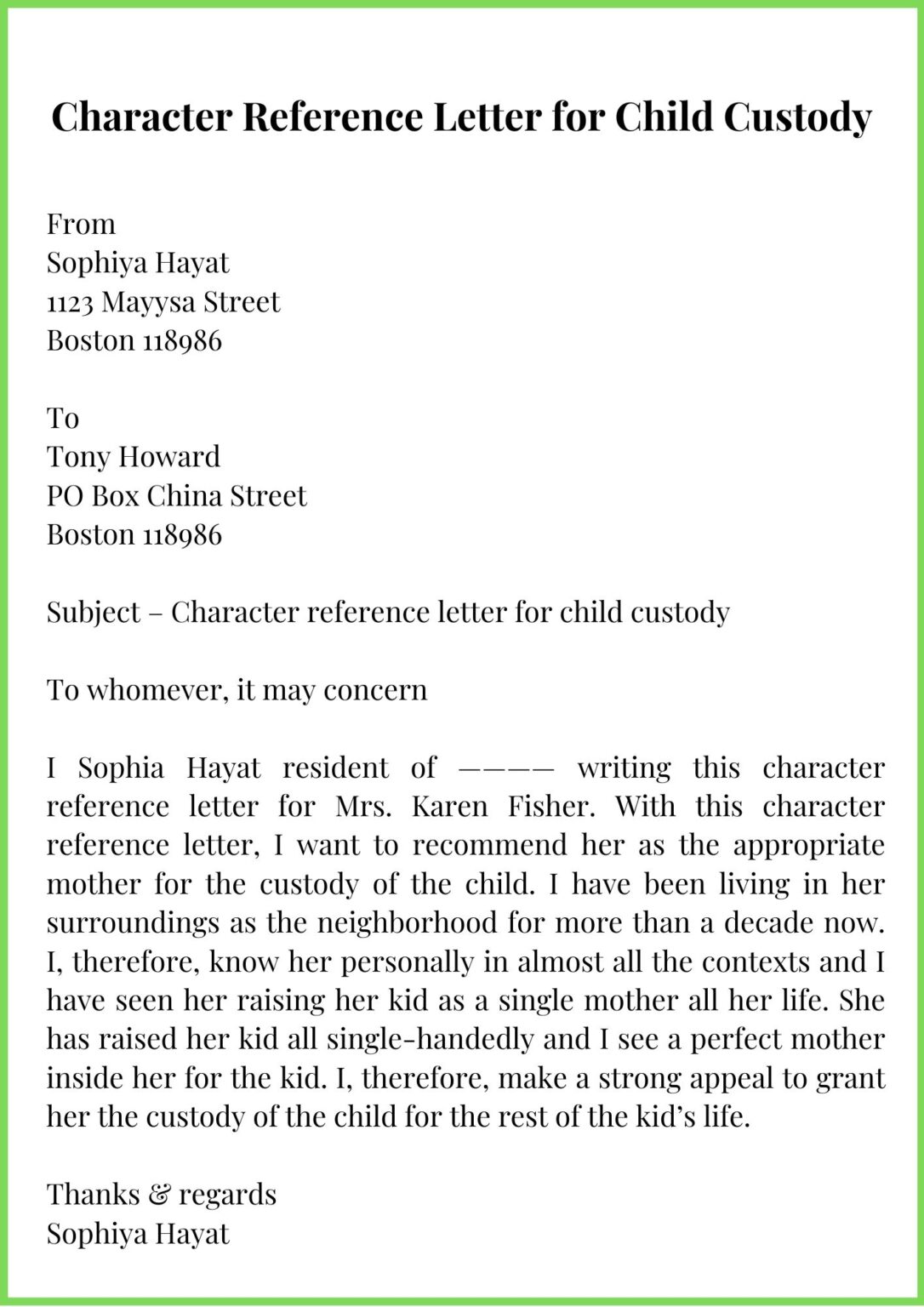 Character Reference Letter for Child Custody Template | Character ...