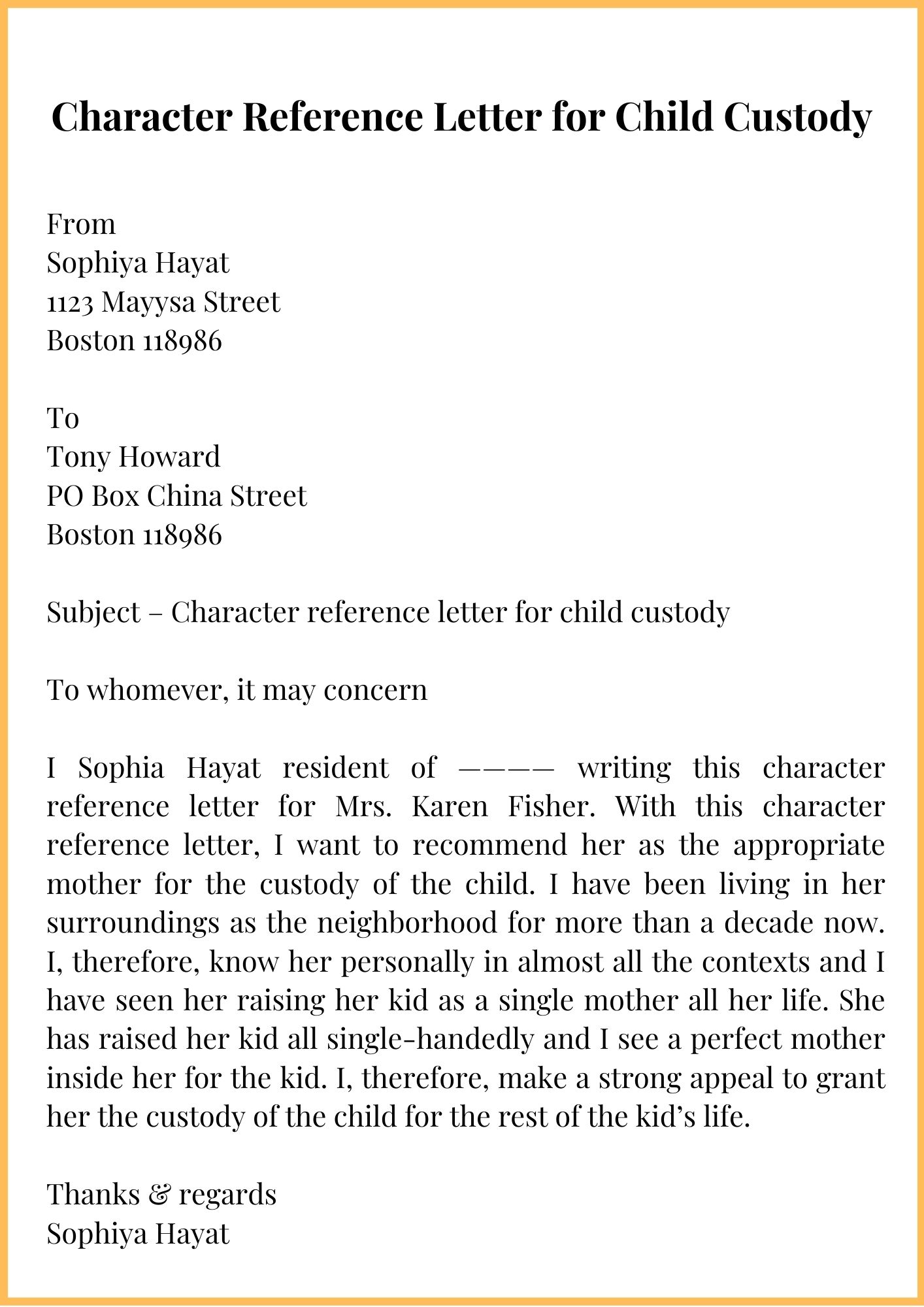 Sample Character Reference Letter For Child Custody