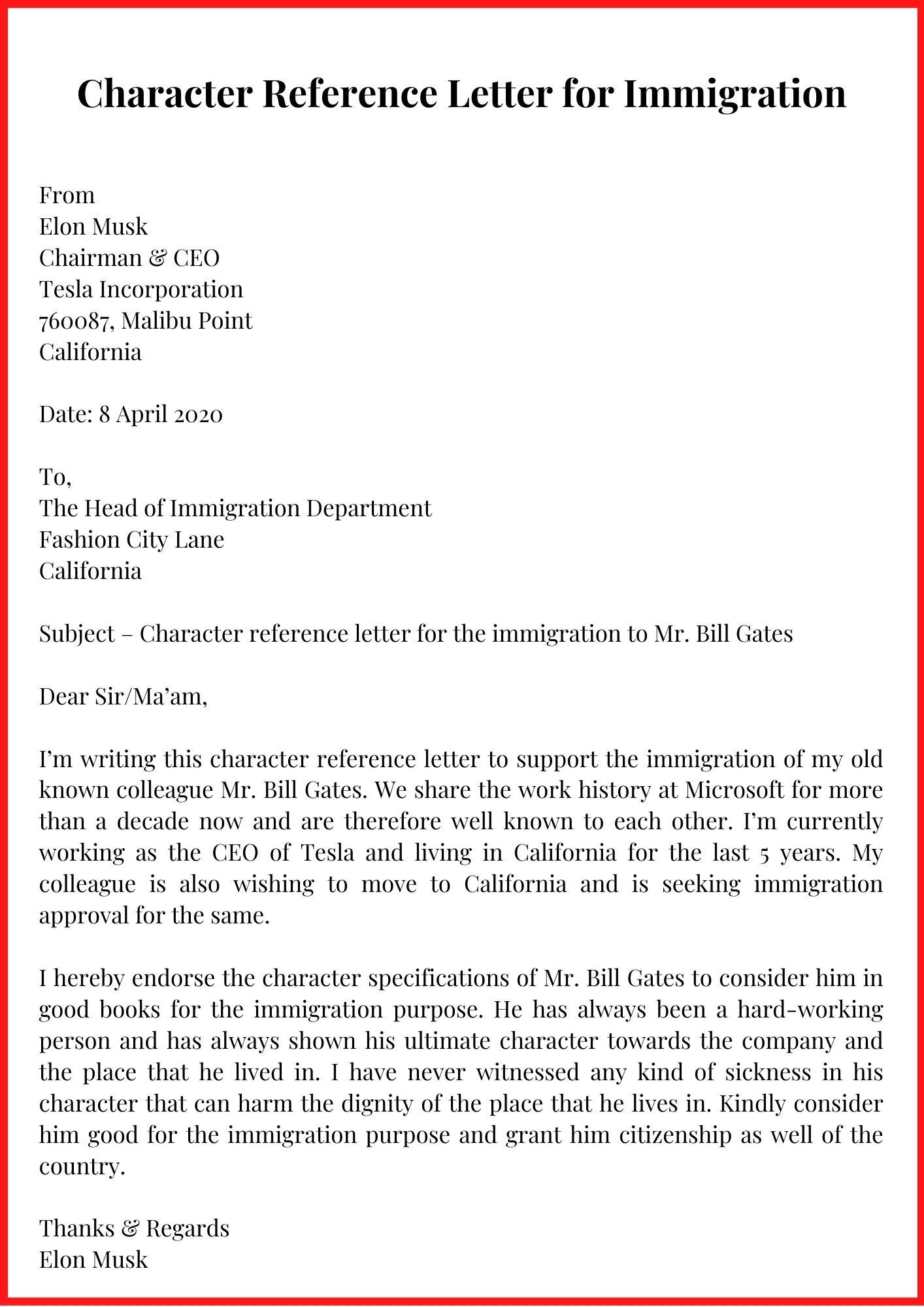 Character Reference Letter For Immigration Sample & Examples
