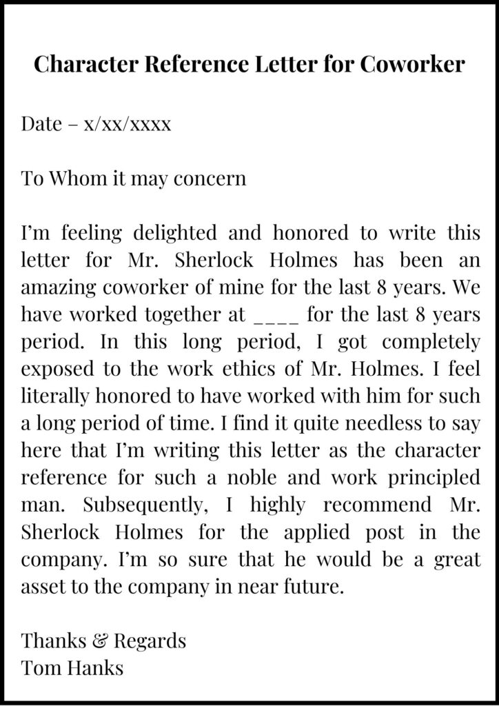 Character Reference Letter for coworker