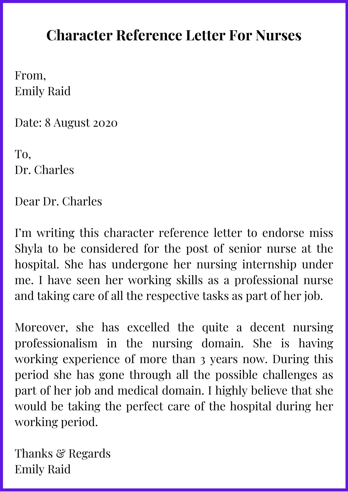 Professional Character Reference Letter For Nurses Character 