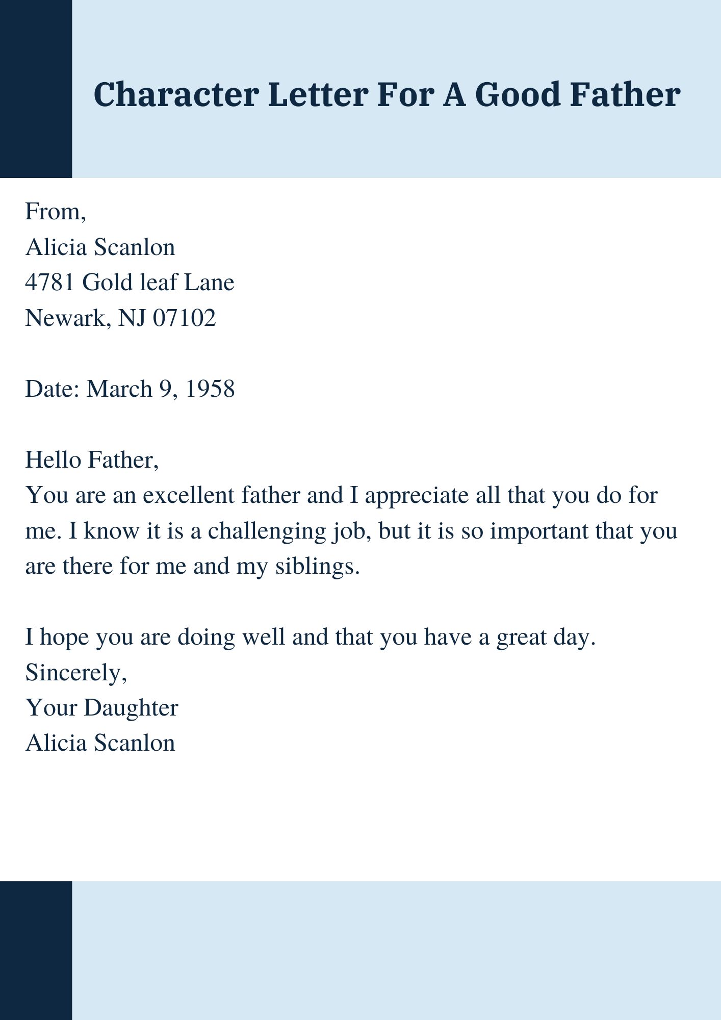 Character Letter for A Good Father Sample