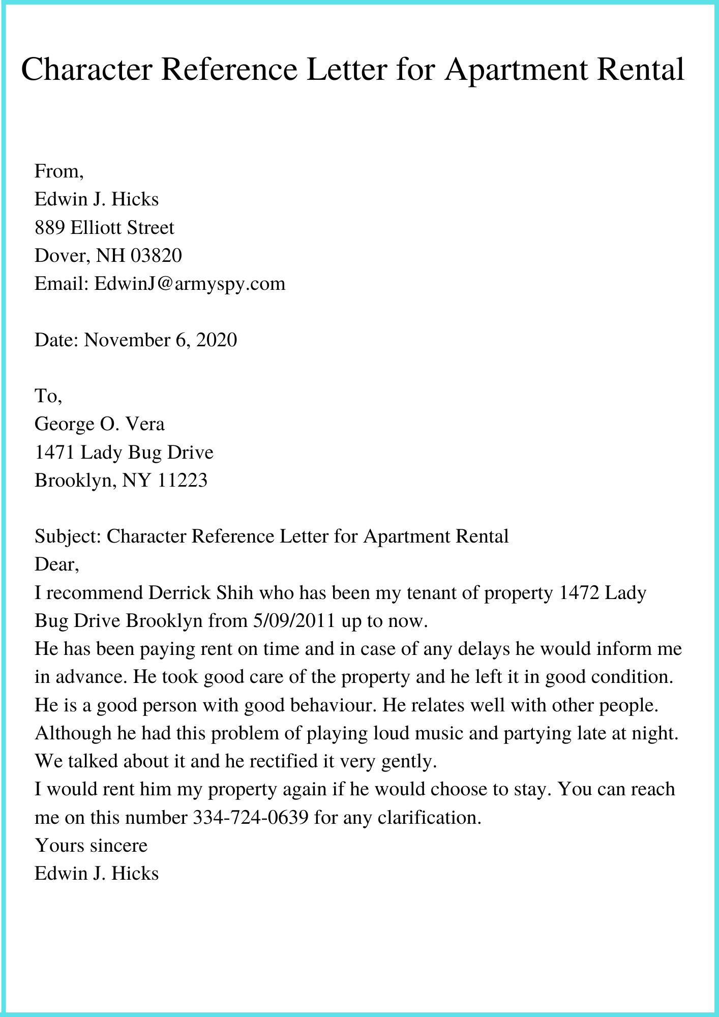 Character Reference Letter for Apartment Rental 