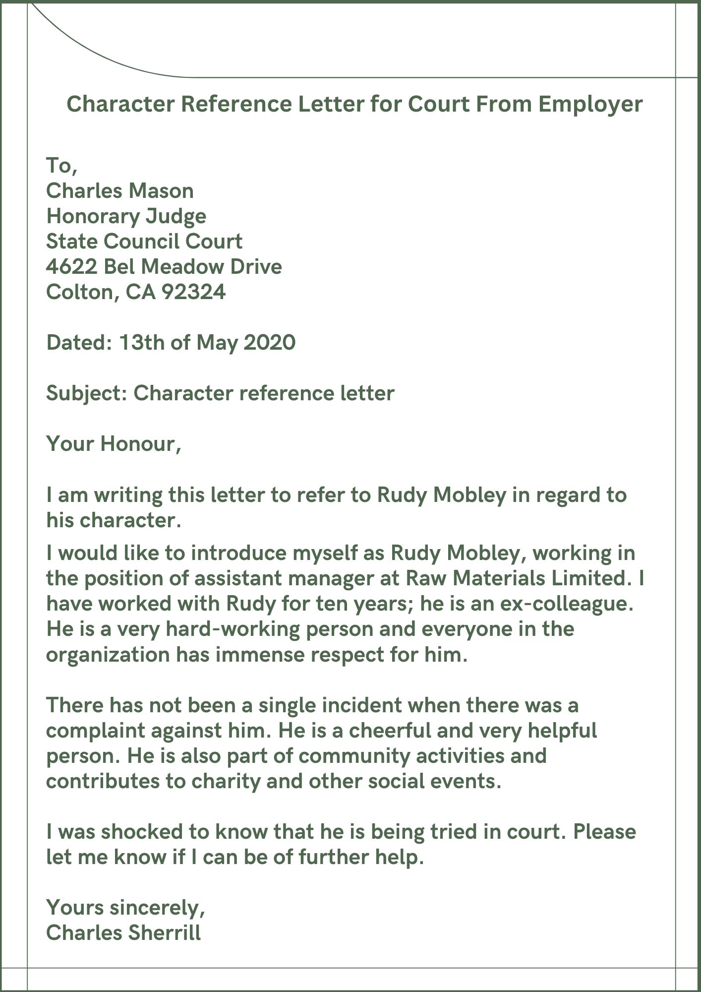Character Reference Letter for Court From Employer