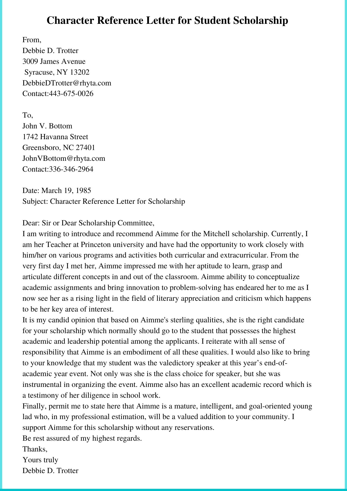 Character Reference Letter for Scholarship