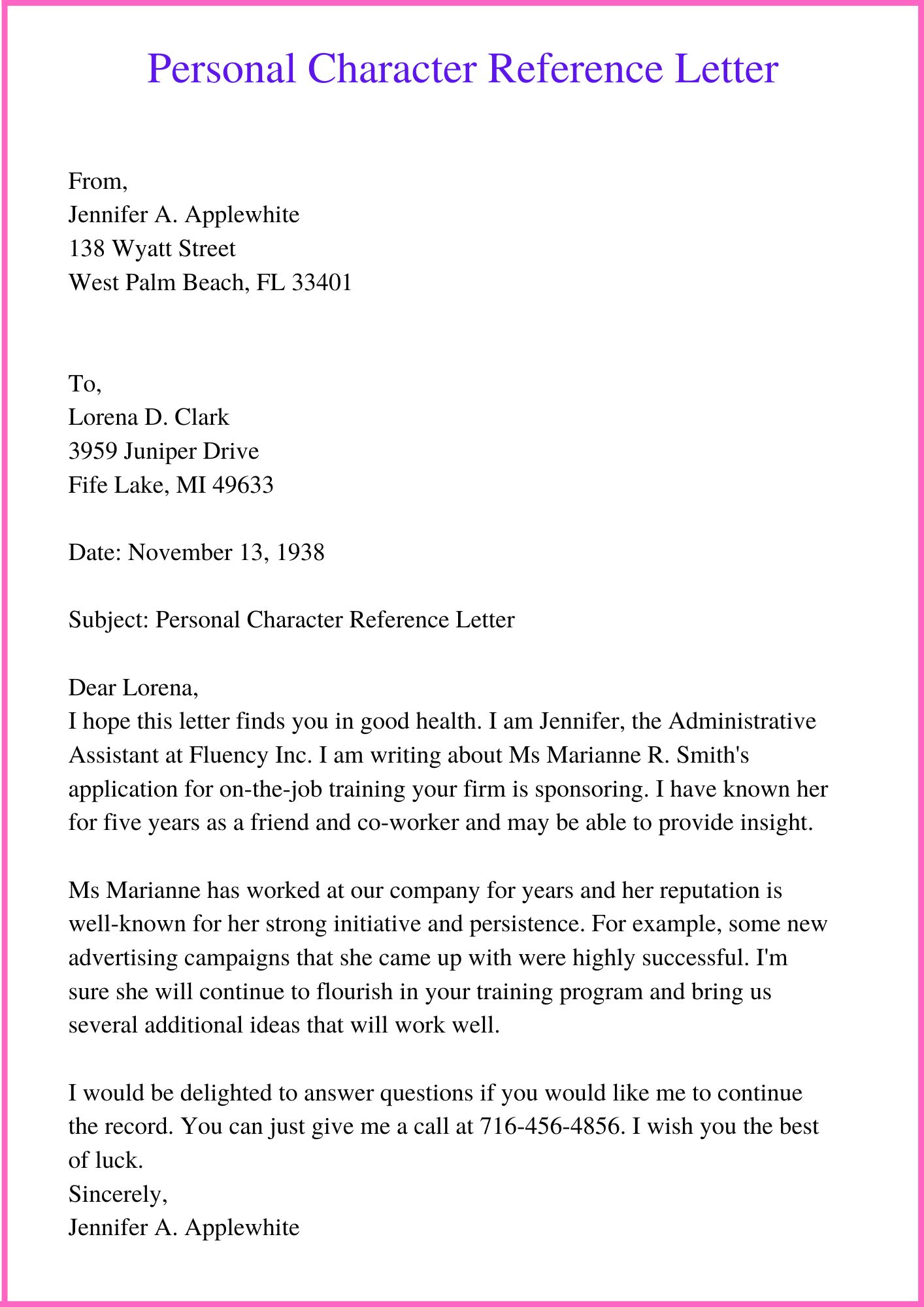 Sample Personal Character Reference Letter