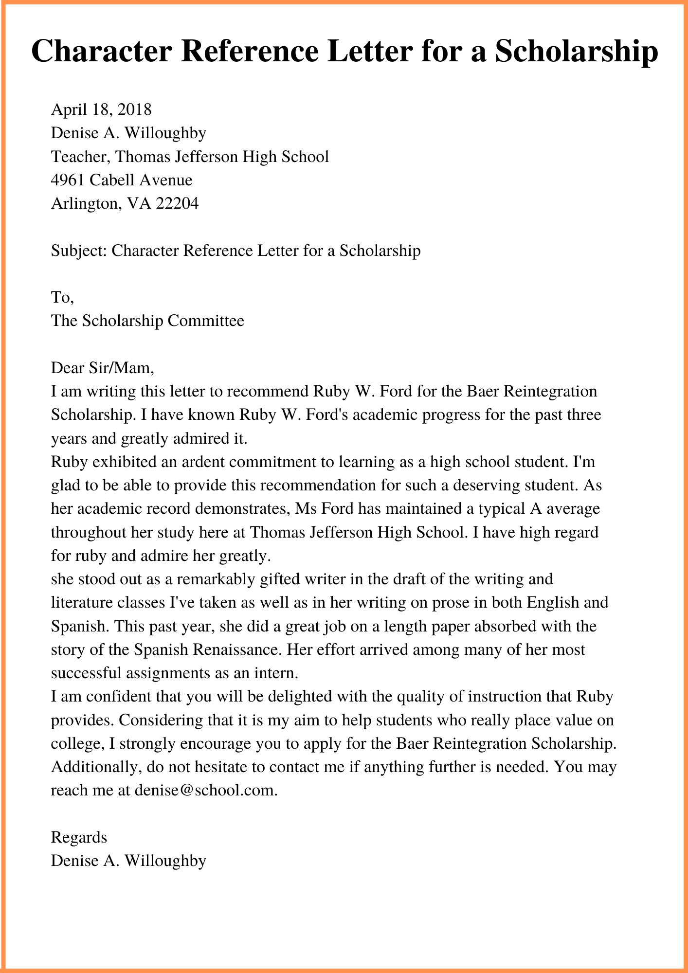 Sample Character Reference Letter for Student Scholarship