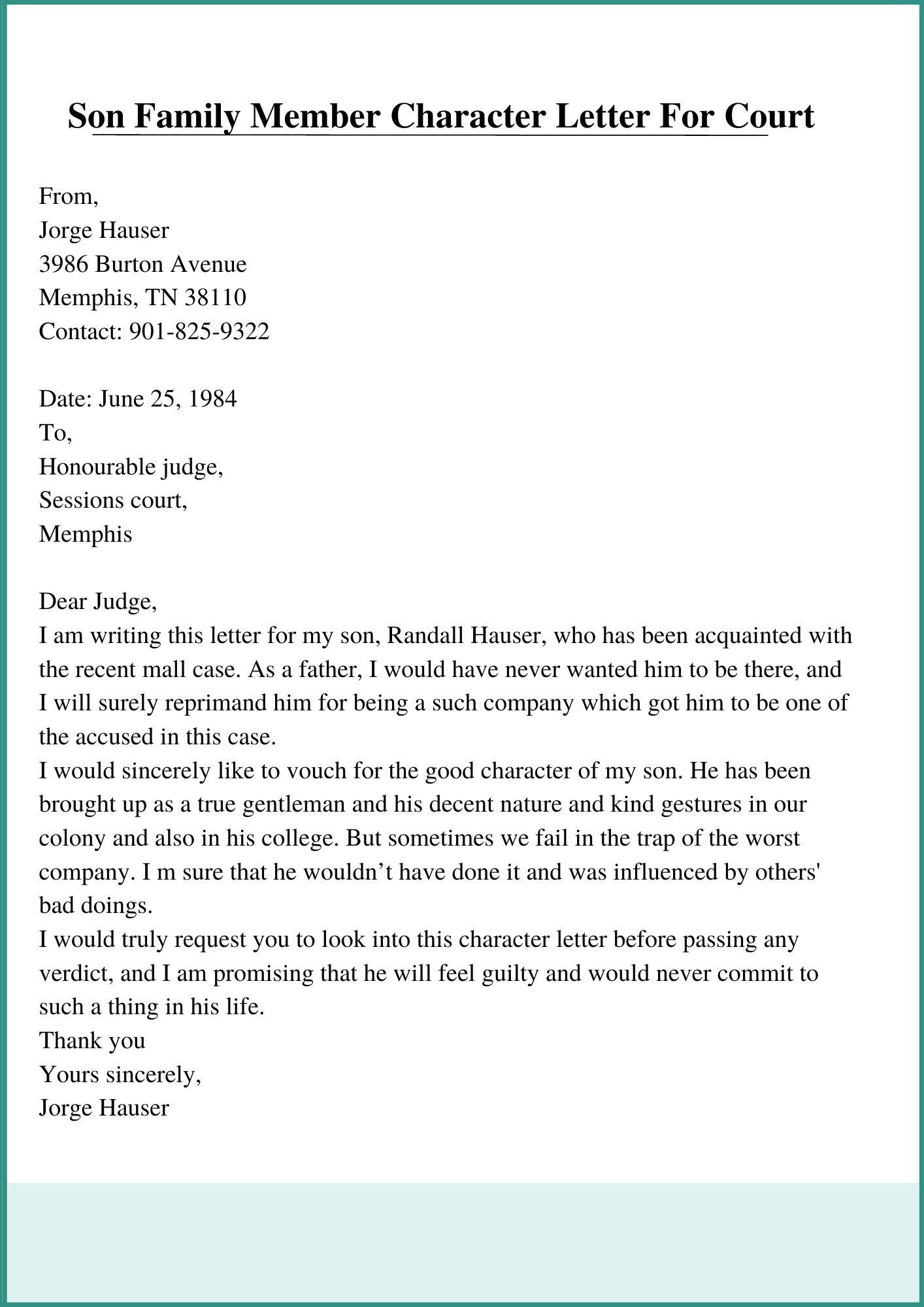 Son Family Member Character Letter For Court