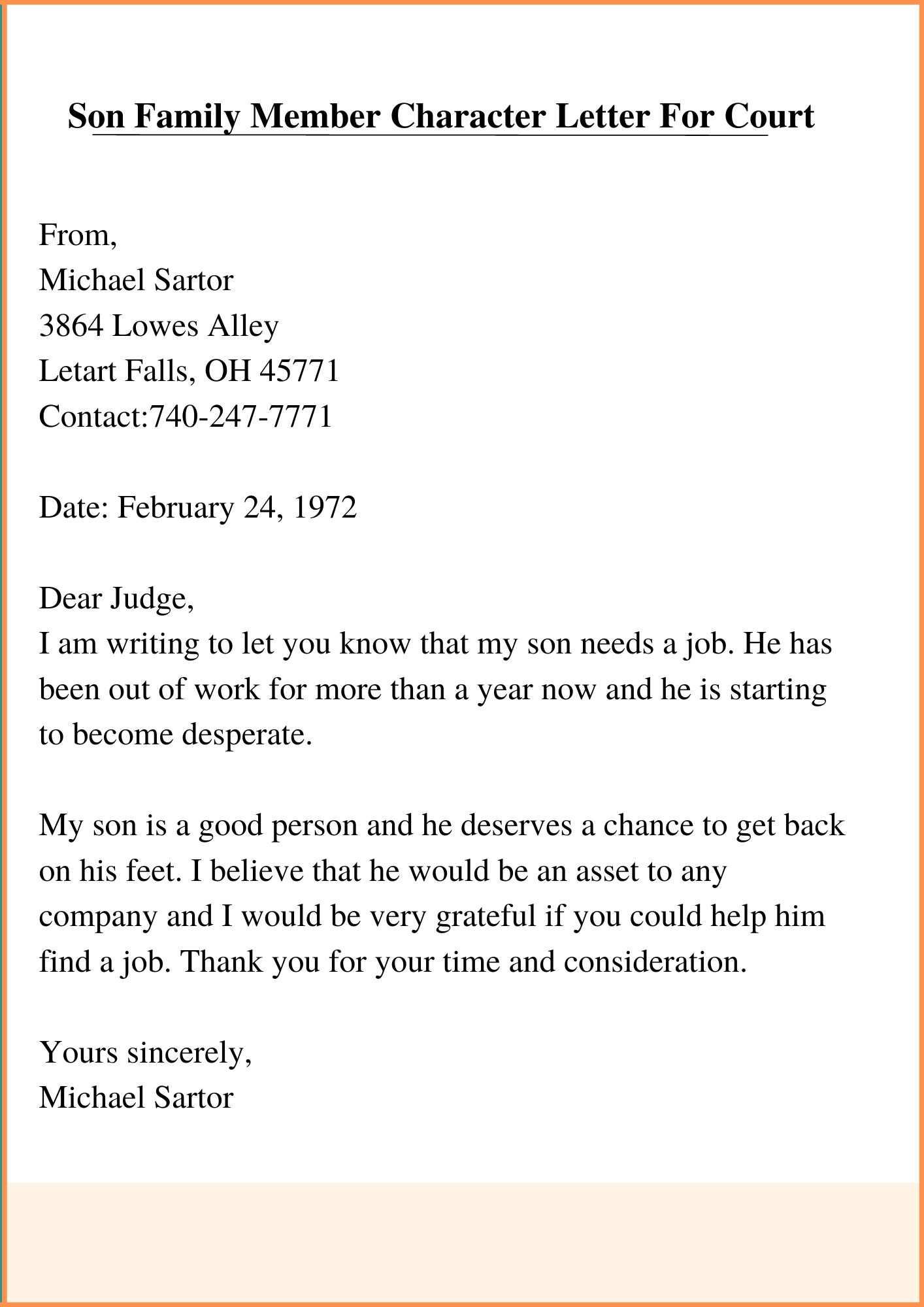 Character Reference Letter For Son To Judge 