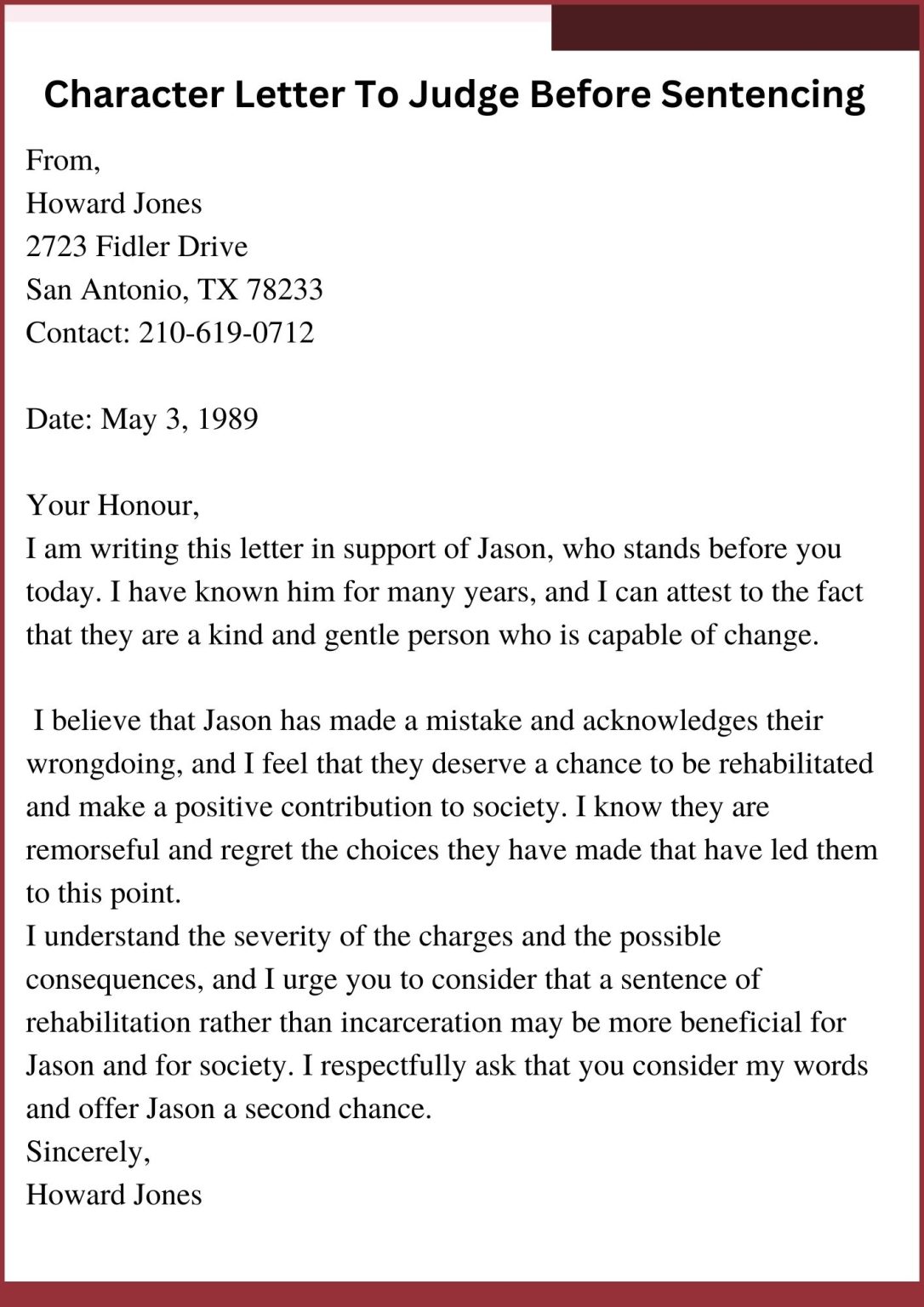 Sample Character Letter To Judge Before Sentencing Template