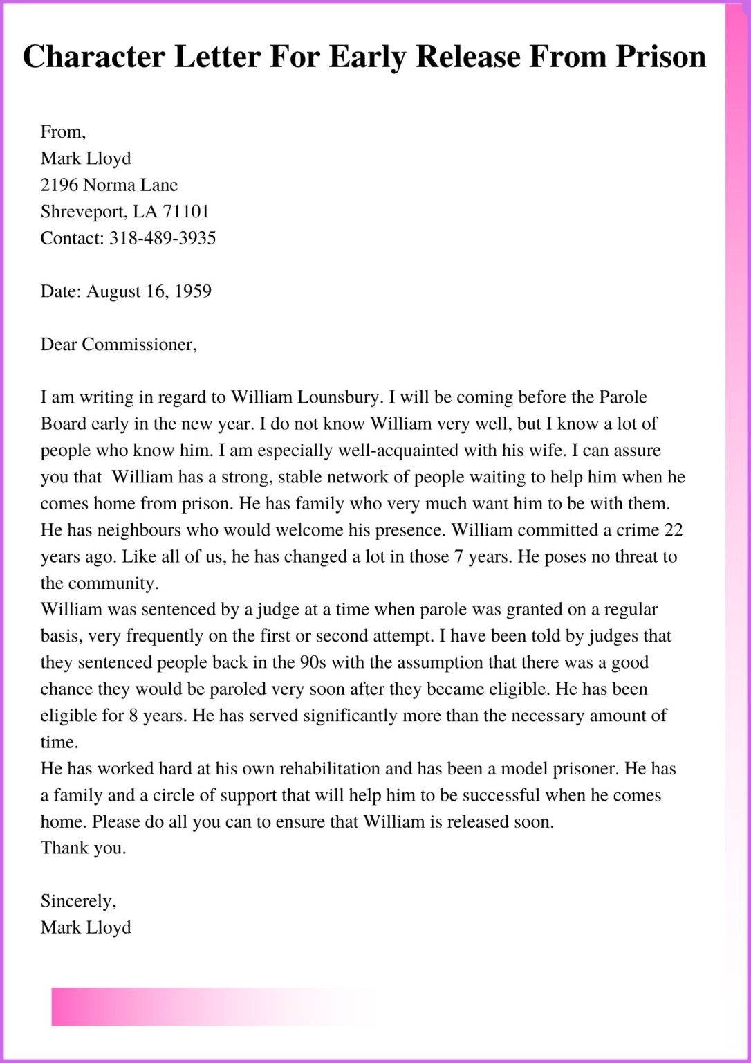 Character Letter For Early Release From Prison Template Pdf 