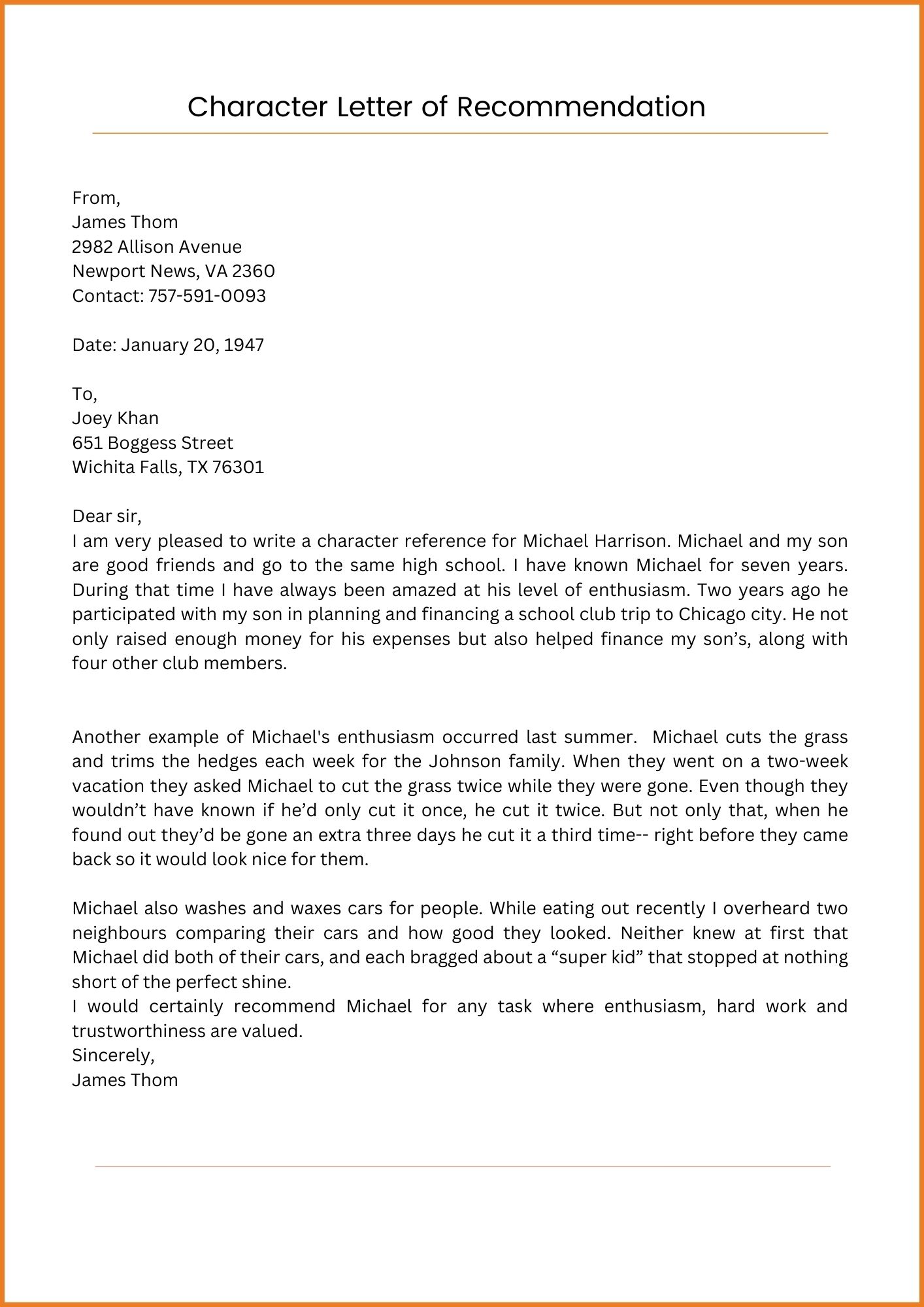 Letter of Recommendation for Character Template
