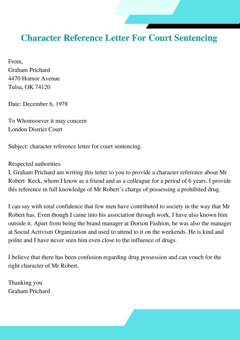 Character Reference Letter For Court Sentencing Template PDF