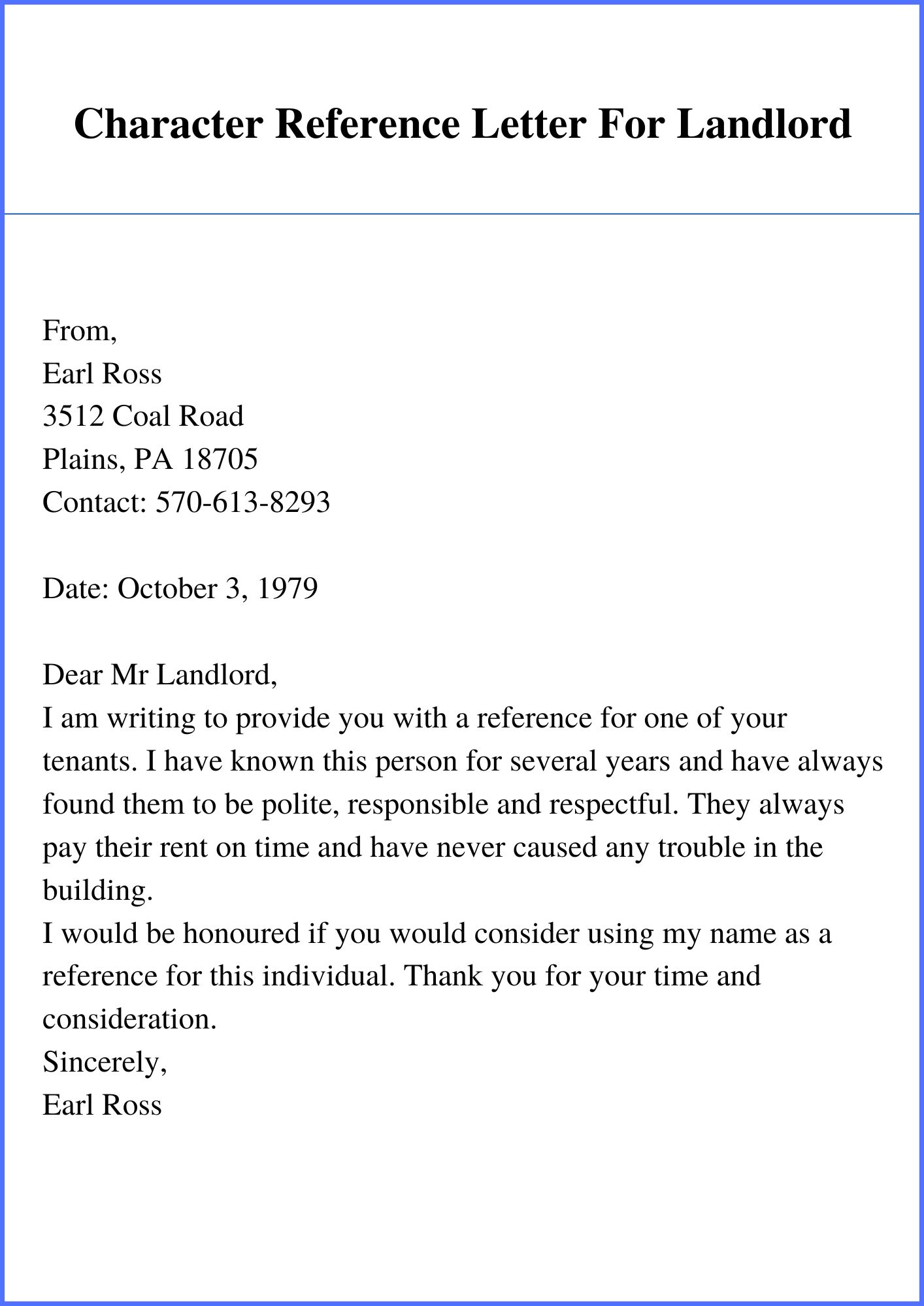 Character Reference Letter For Landlord Sample