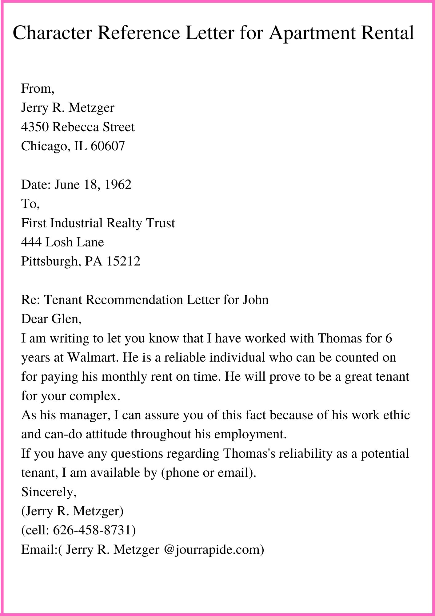 Character Reference Letter for Apartment Rental