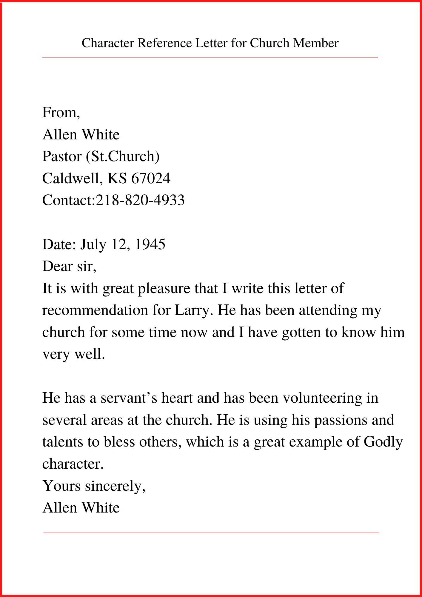 Good Moral Character Letter From Church Template