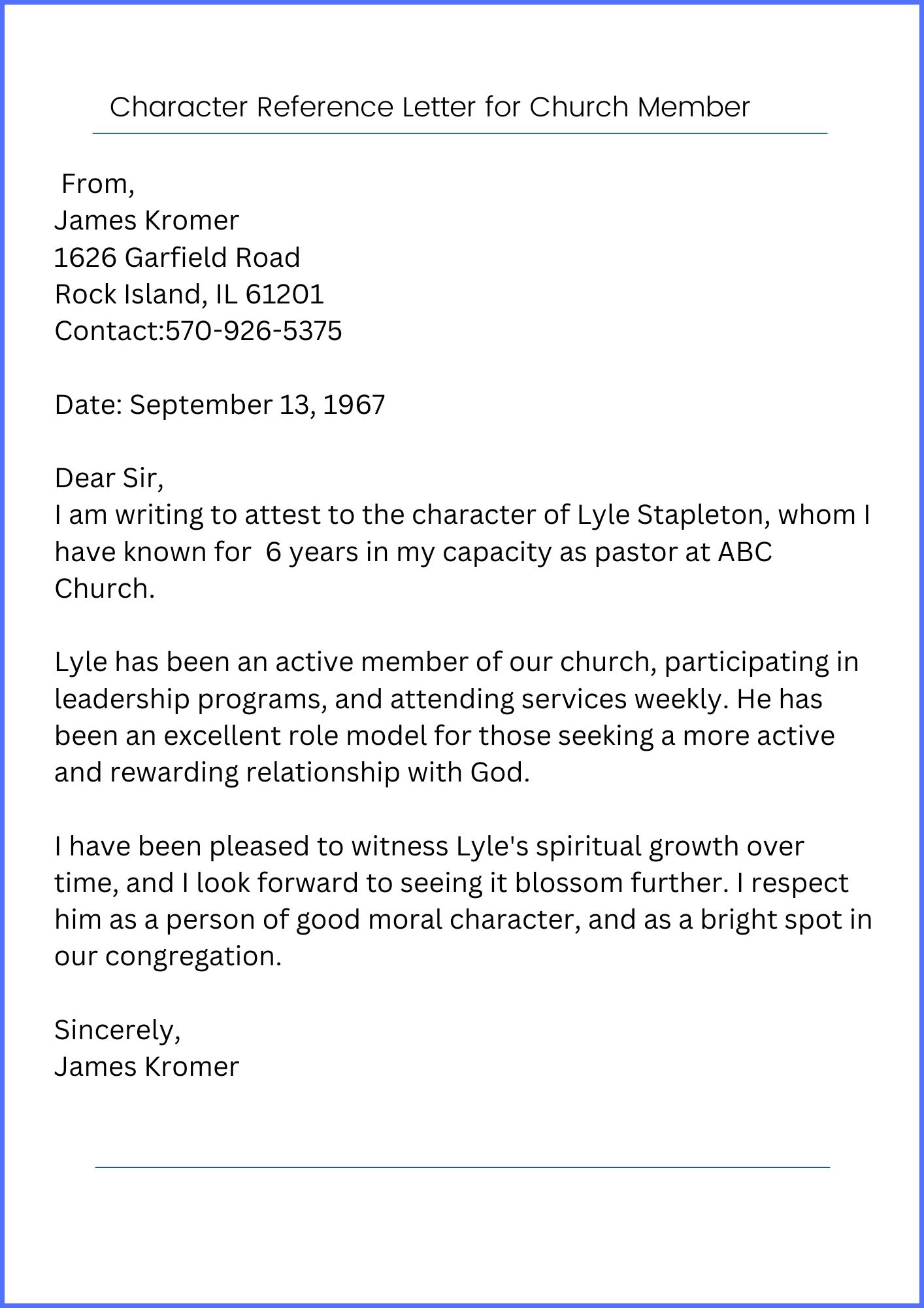  Character Reference Letter for Church Member