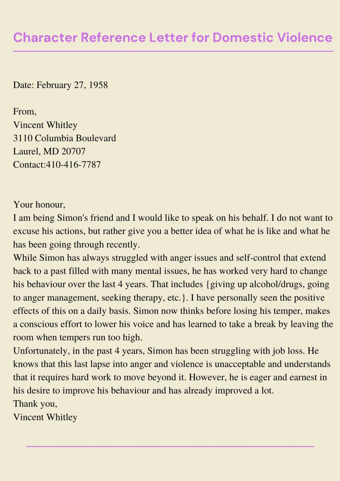 Character Reference Letter for Domestic Violence Template