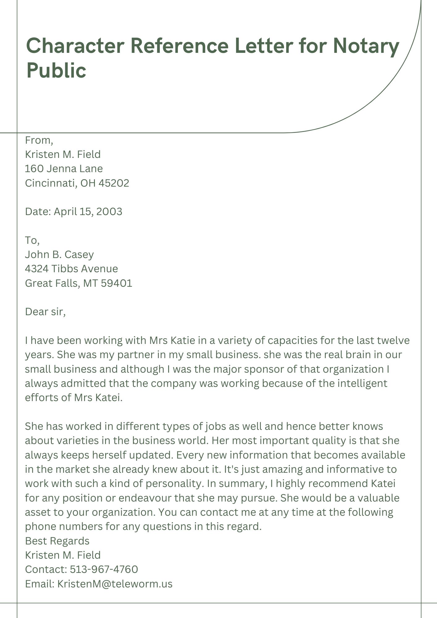 Character Reference Letter for Notary Public
