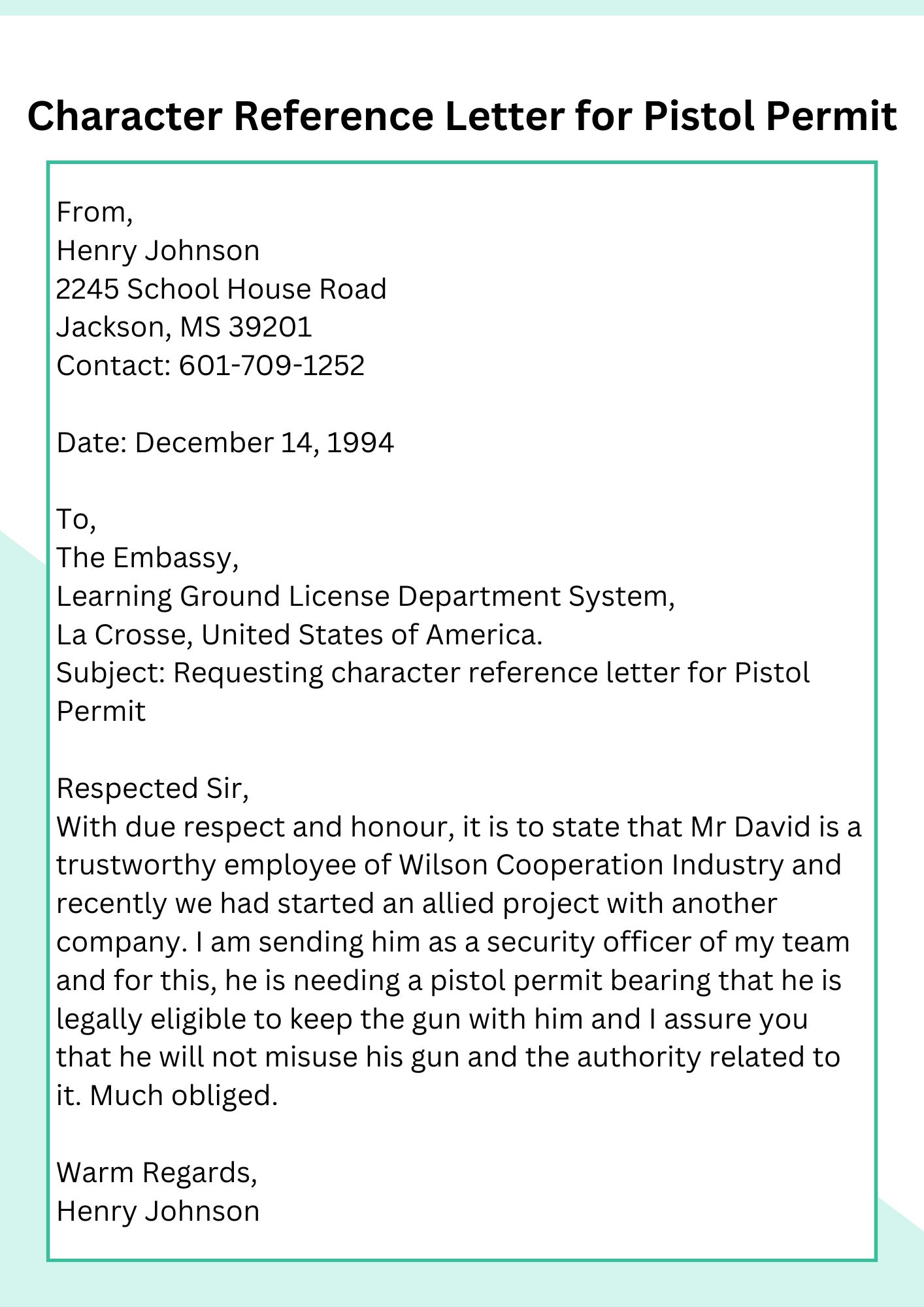 Pistol Permit Character Reference Letter Template 