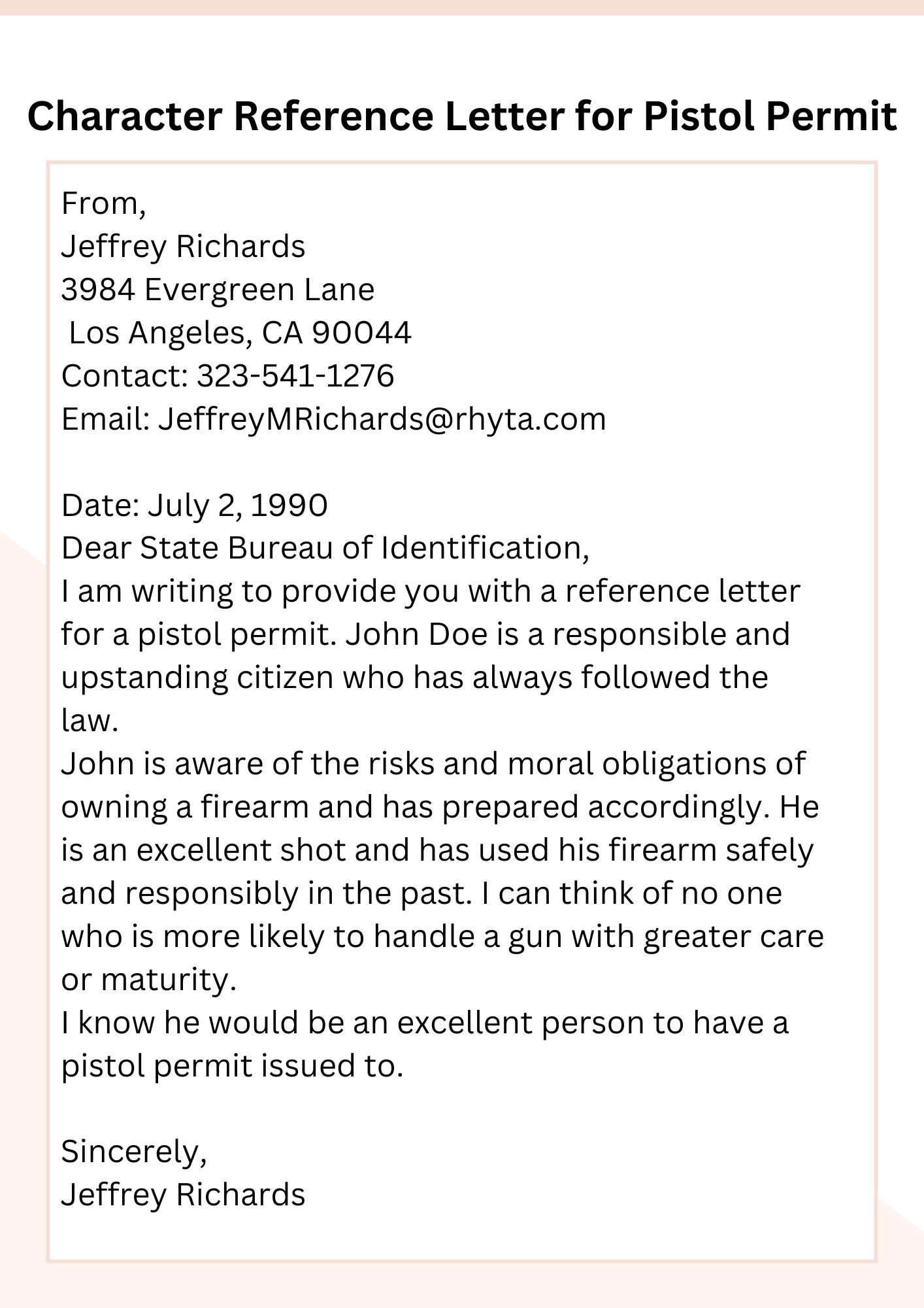 Character Reference Letter for Pistol Permit