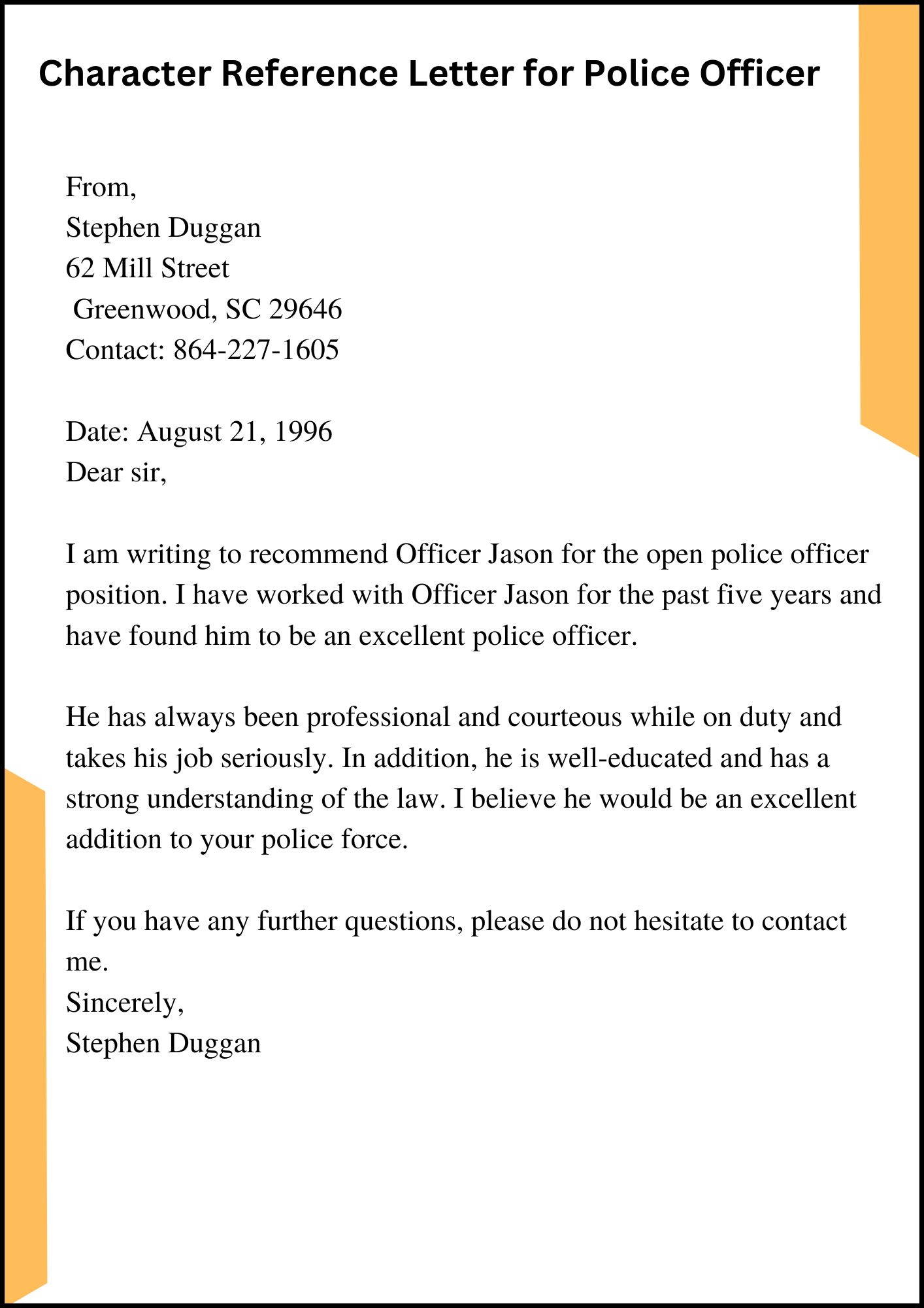 Sample Character Reference Letter For Police Officer 