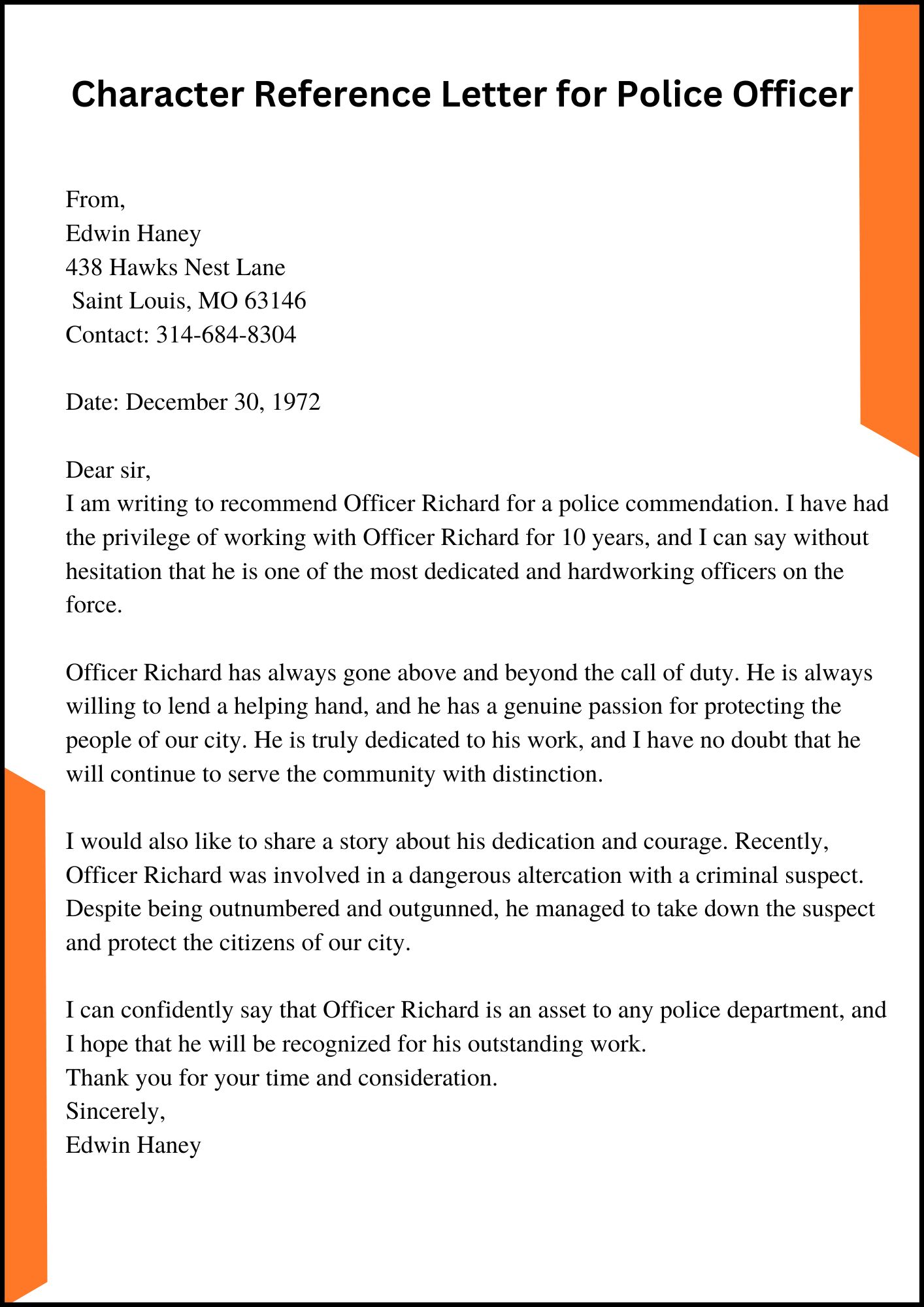 Character Reference Letter for Police Officer 