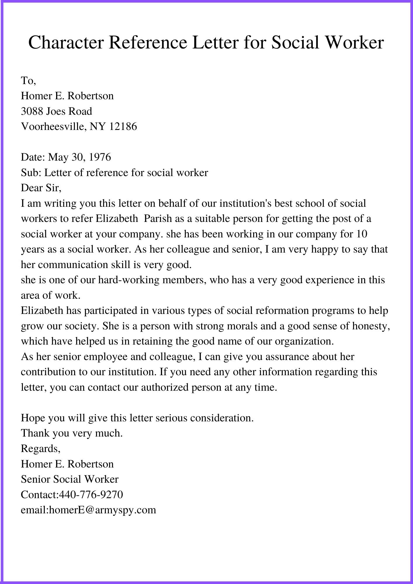 Character Reference Letter for Social Worker
