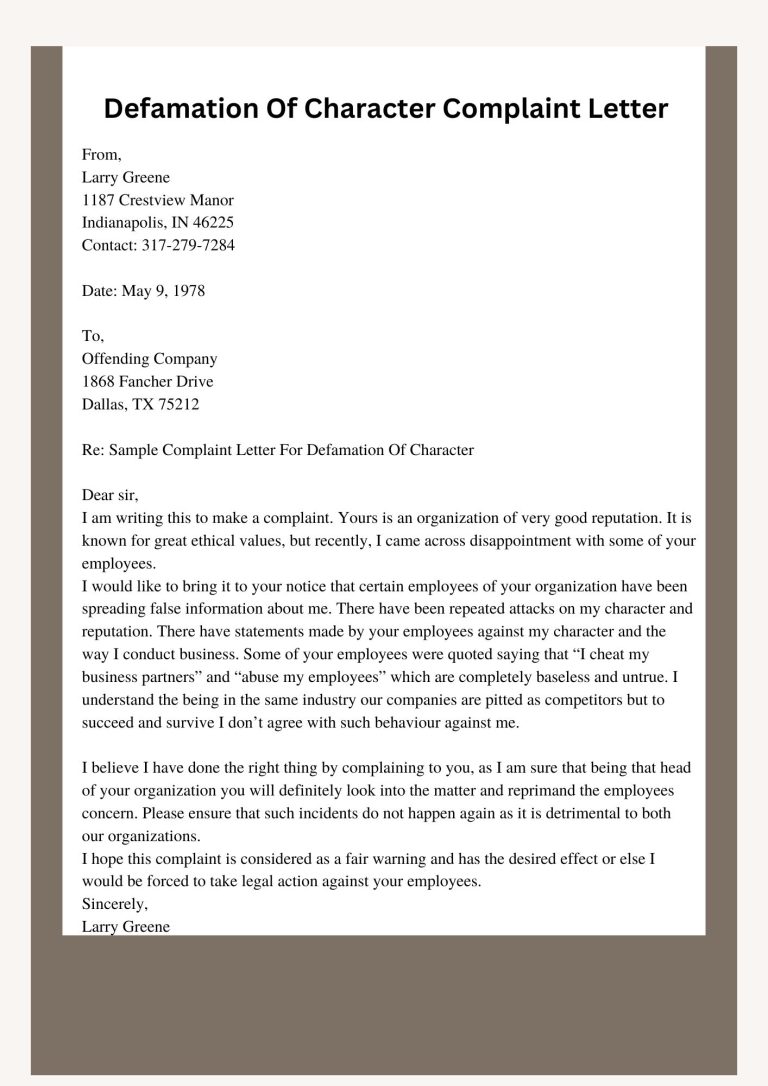 Sample Complaint Letter For Defamation Of Character Template