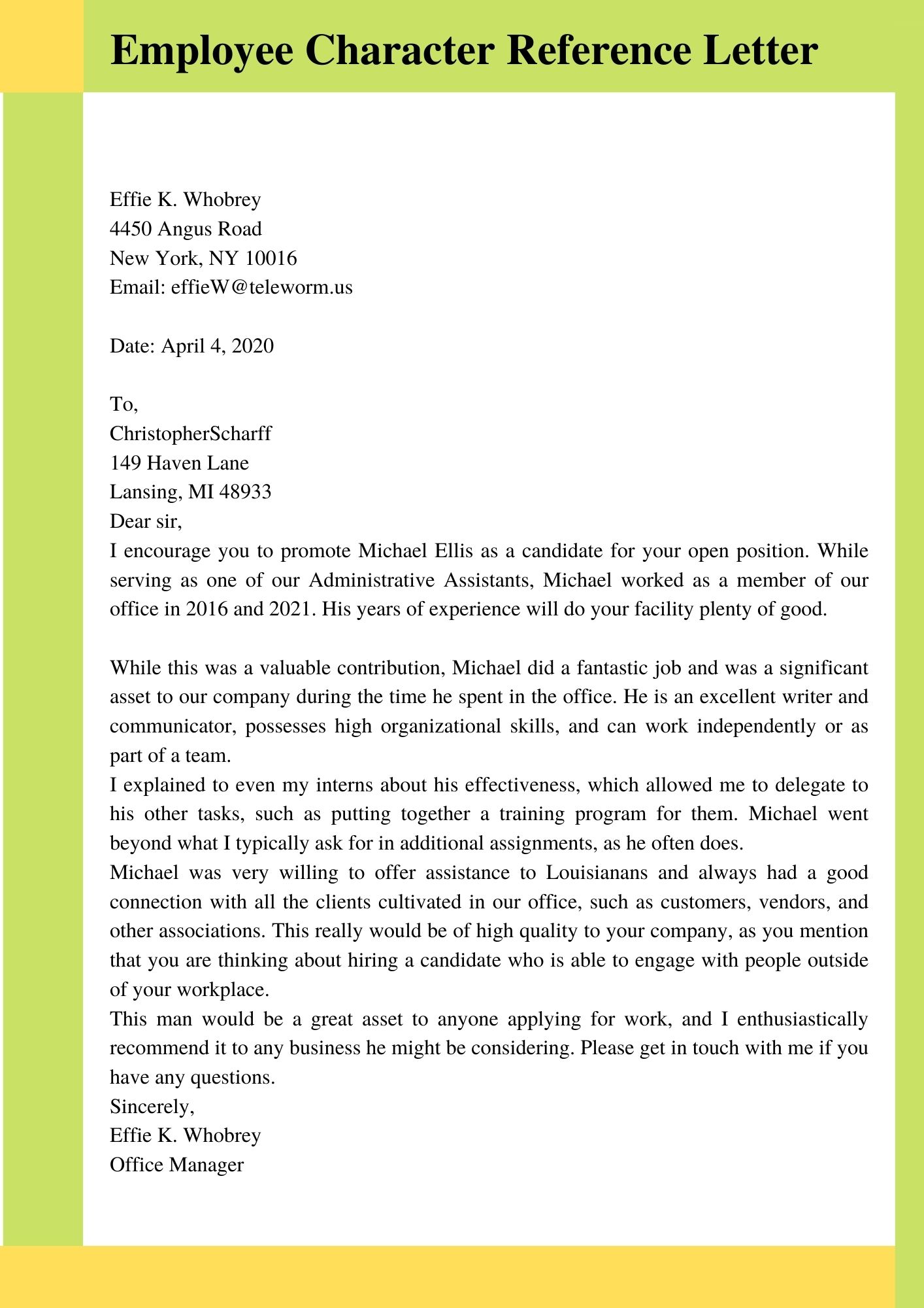 Employee Character Reference Letter in Word