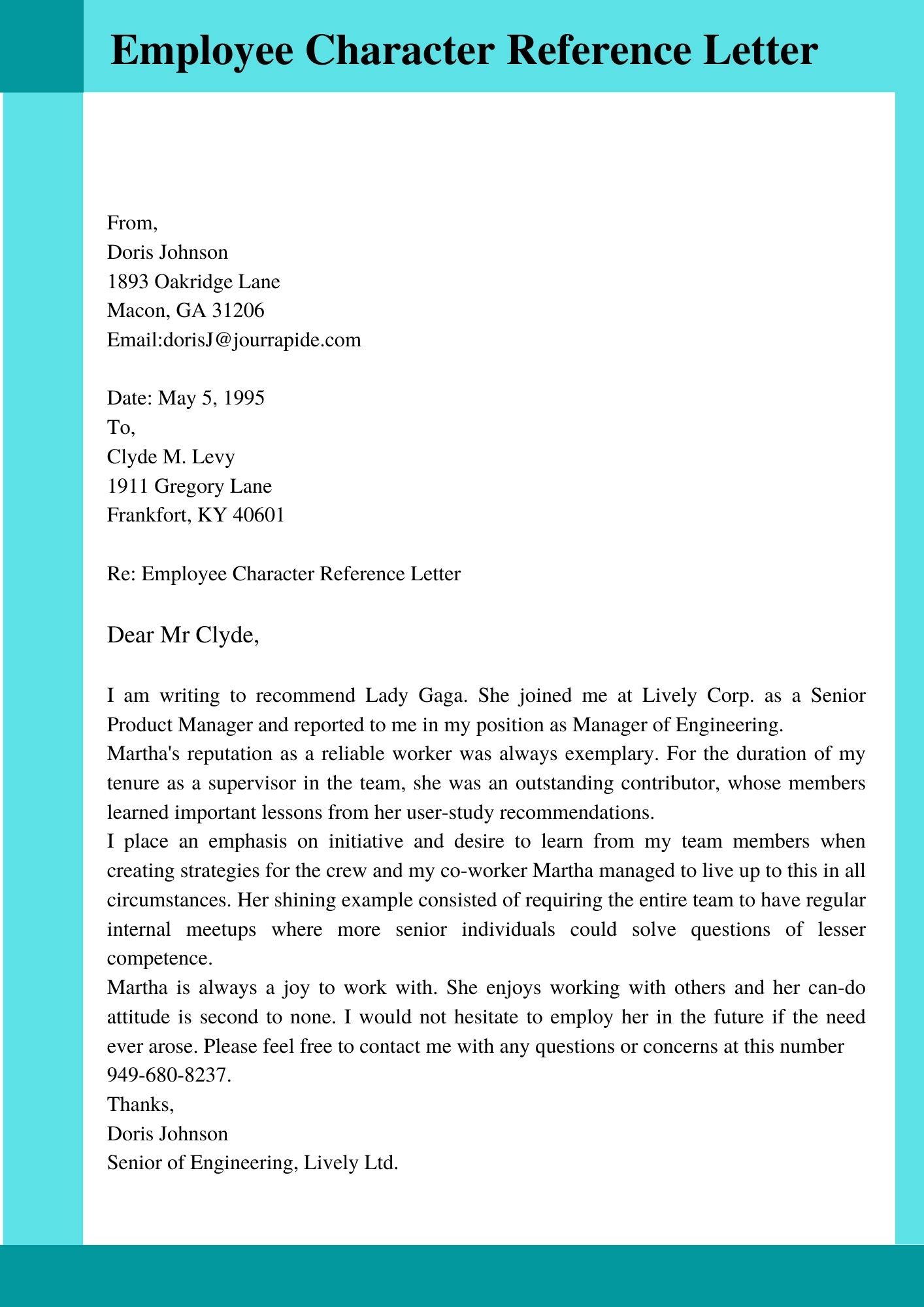 Character Reference Letter for Employee