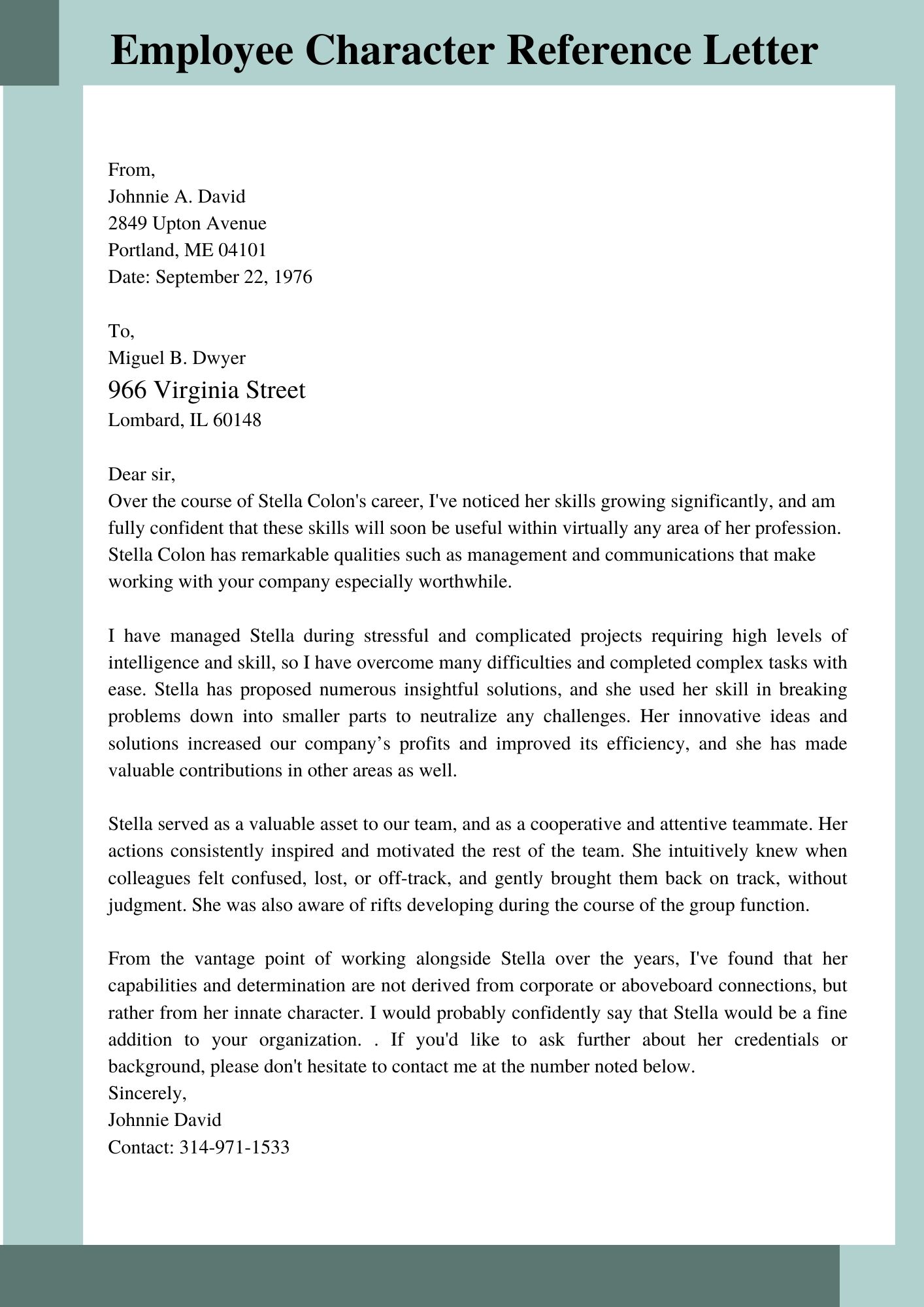 Employee Character Reference Letter