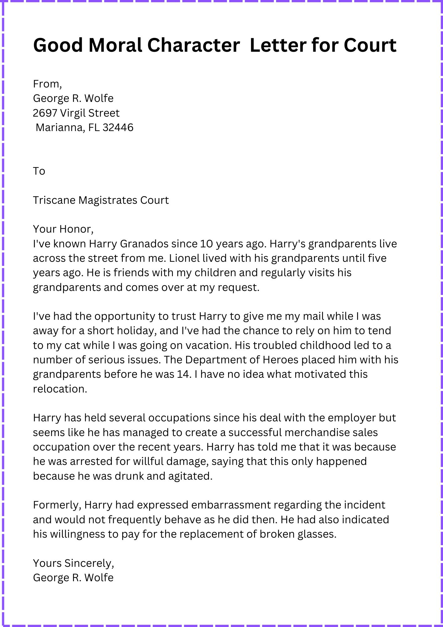 Good Moral Character - Character Letter for Court