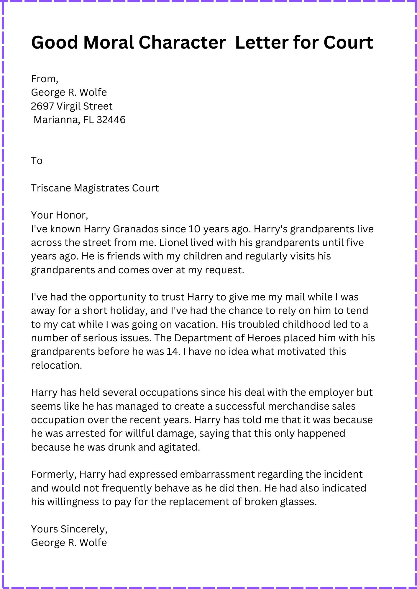 Good Moral Character Character Letter For Court Templates