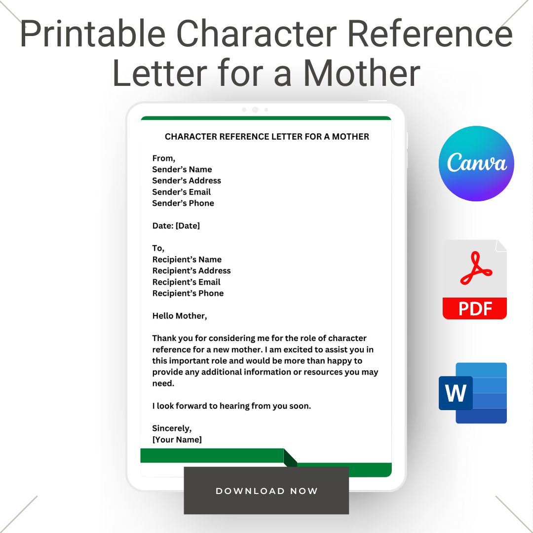Printable Character Reference Letter for a Mother