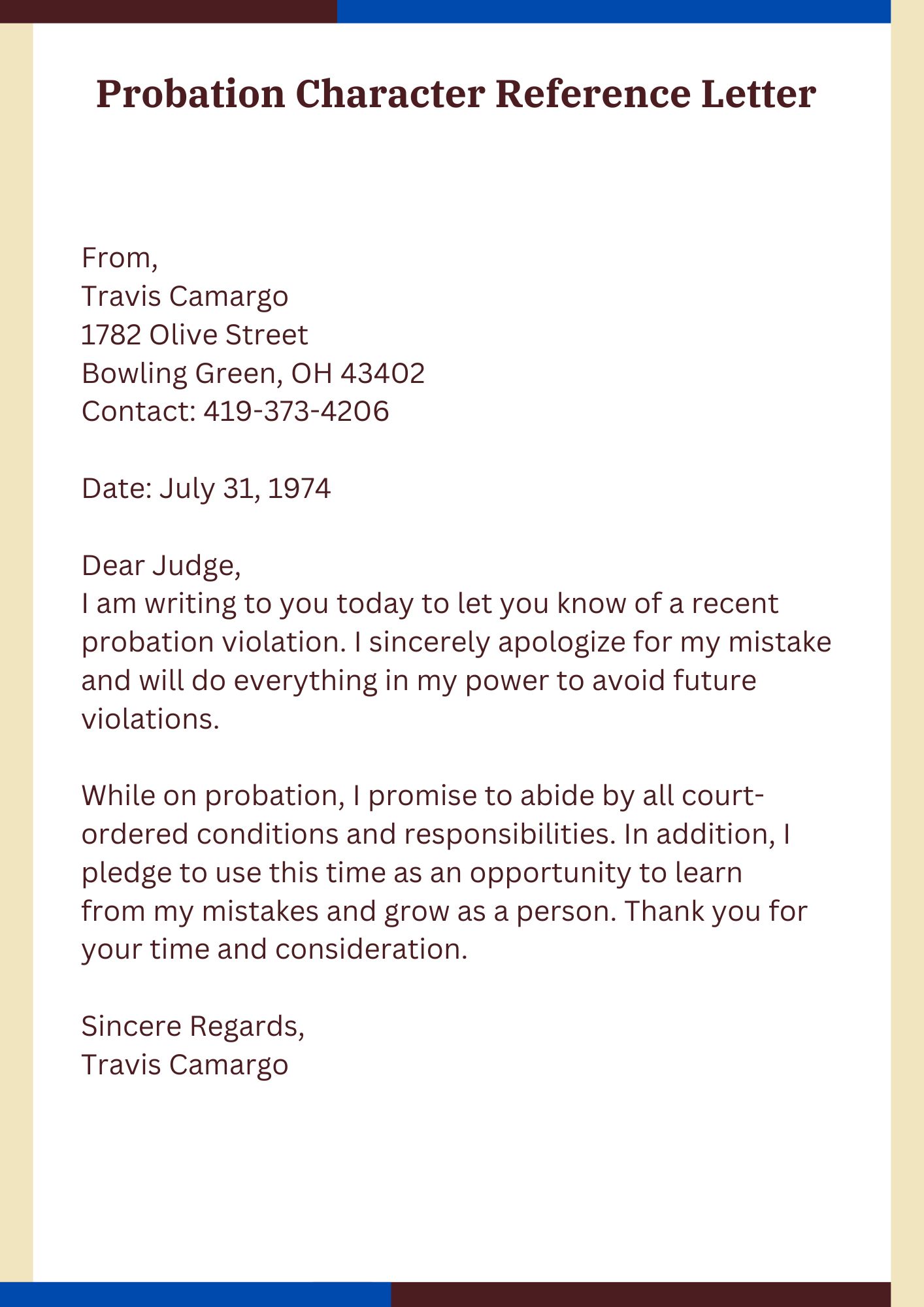 Character Reference Letter For Early Termination Of Probation 