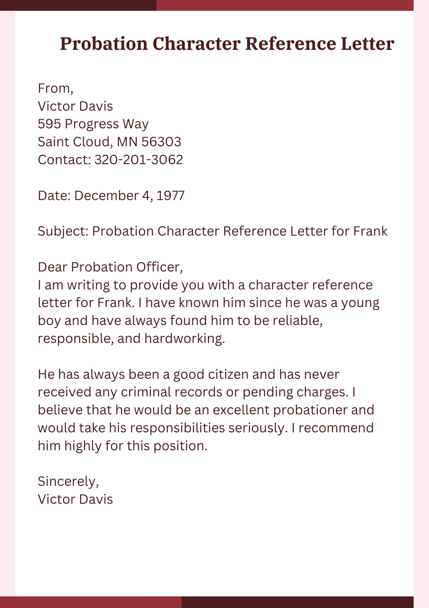 Probation Character Reference Letter