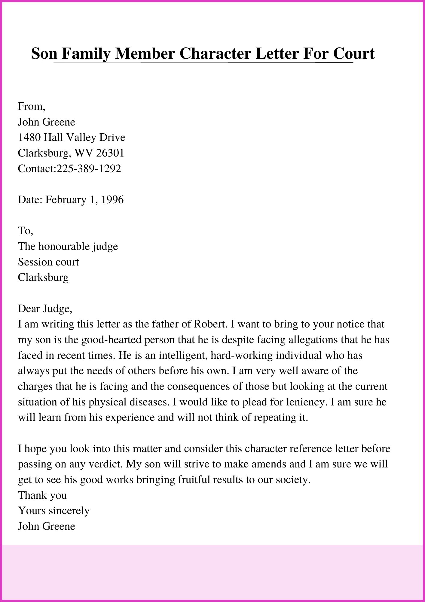 Sample Character Letter To Judge For Son  