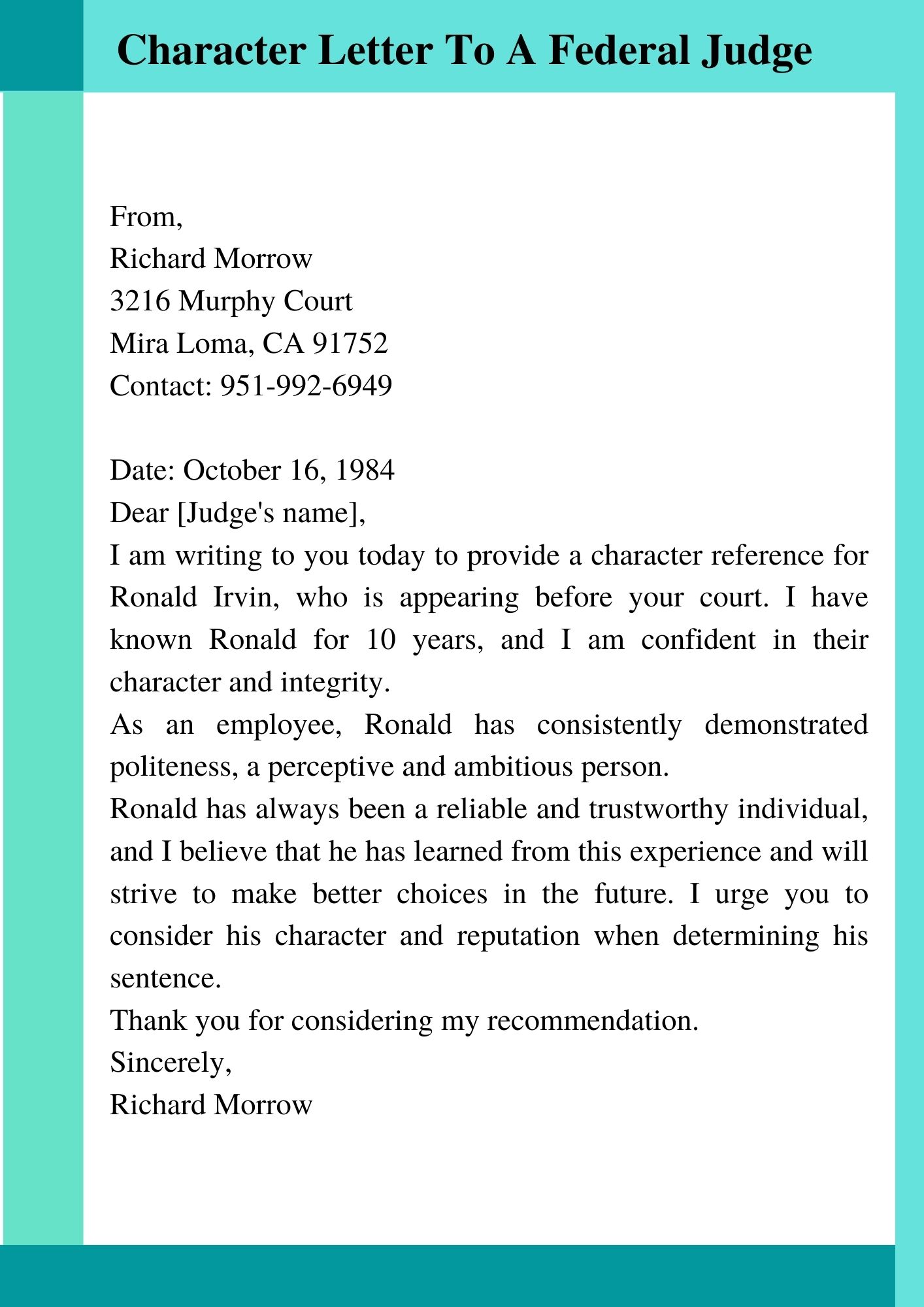Character Letter To Federal Judge Template
