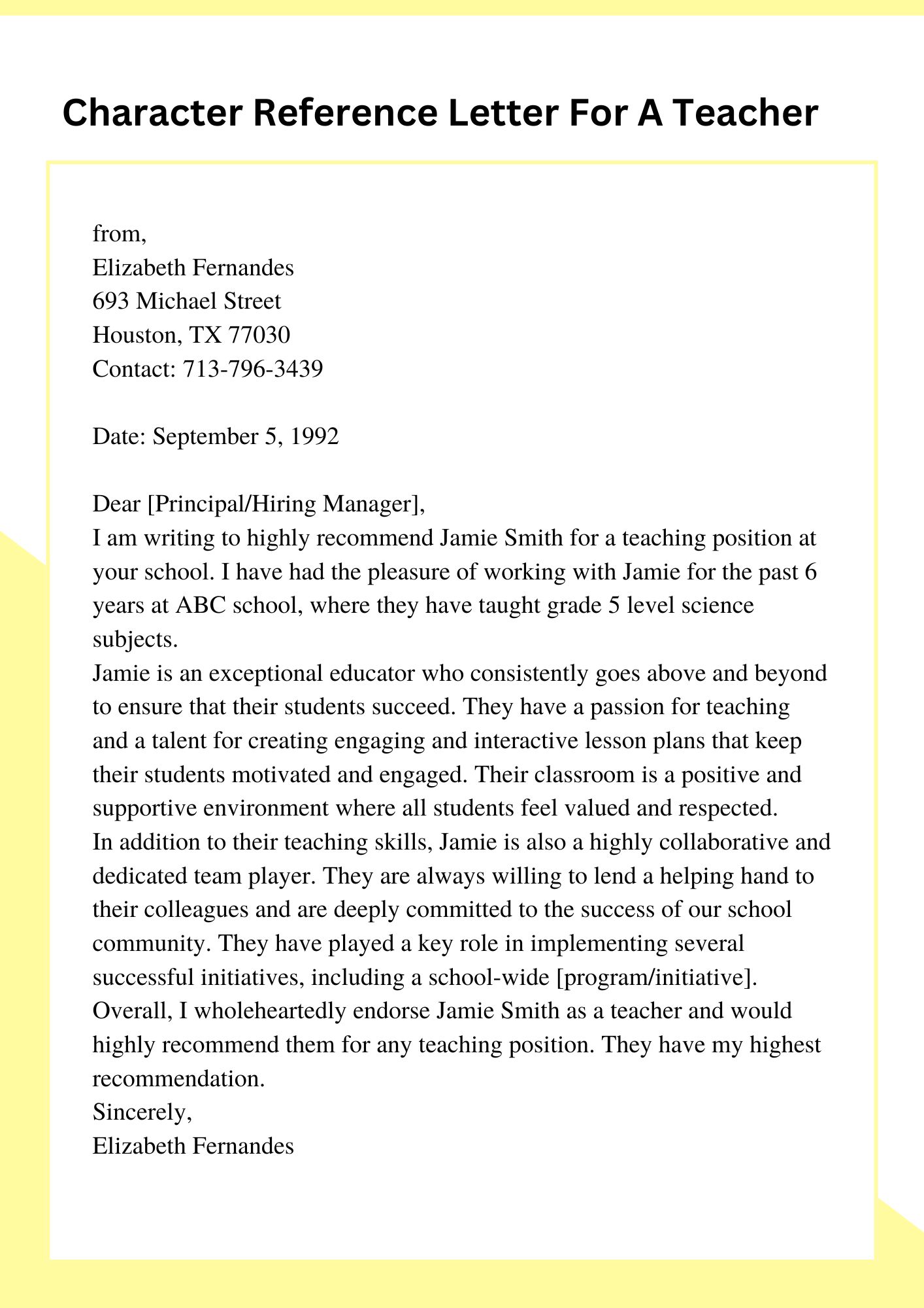 Character Reference Letter For A Teacher 