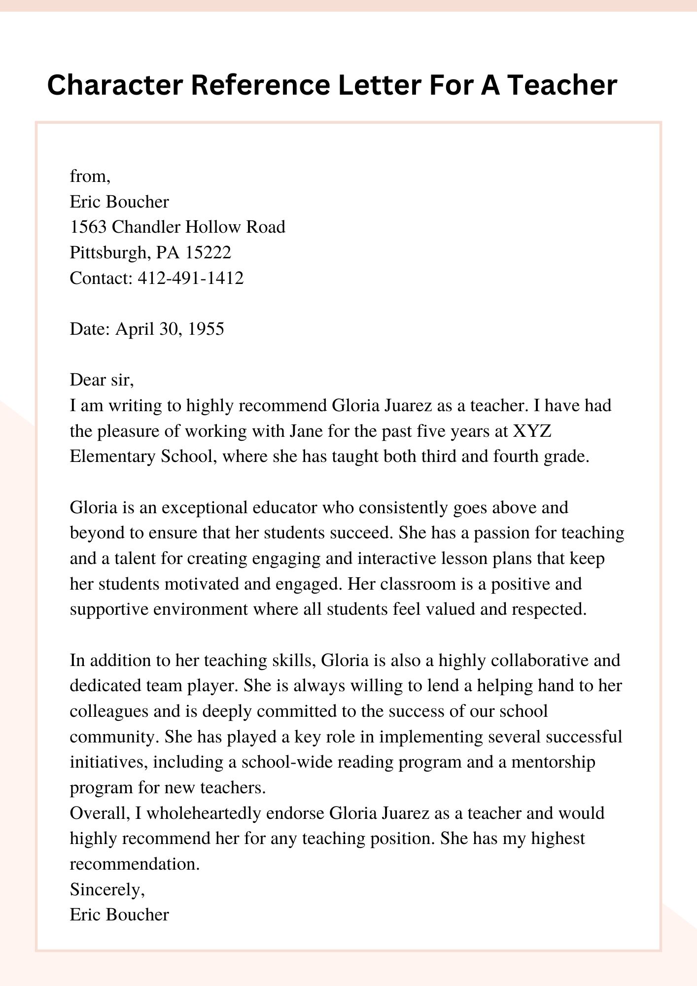 Character Reference Letter For A Teacher