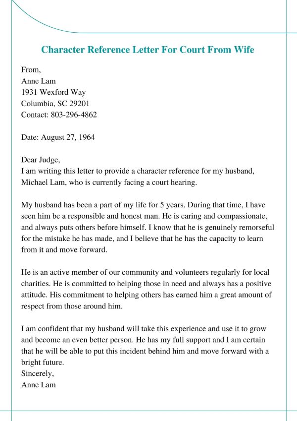 Example Character Reference Letter For Court From Wife PDF