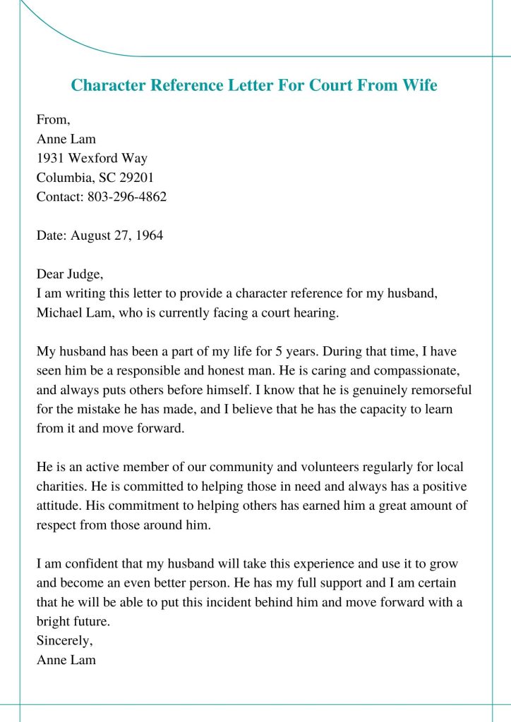 Example Character Reference Letter For Court From Wife Pdf