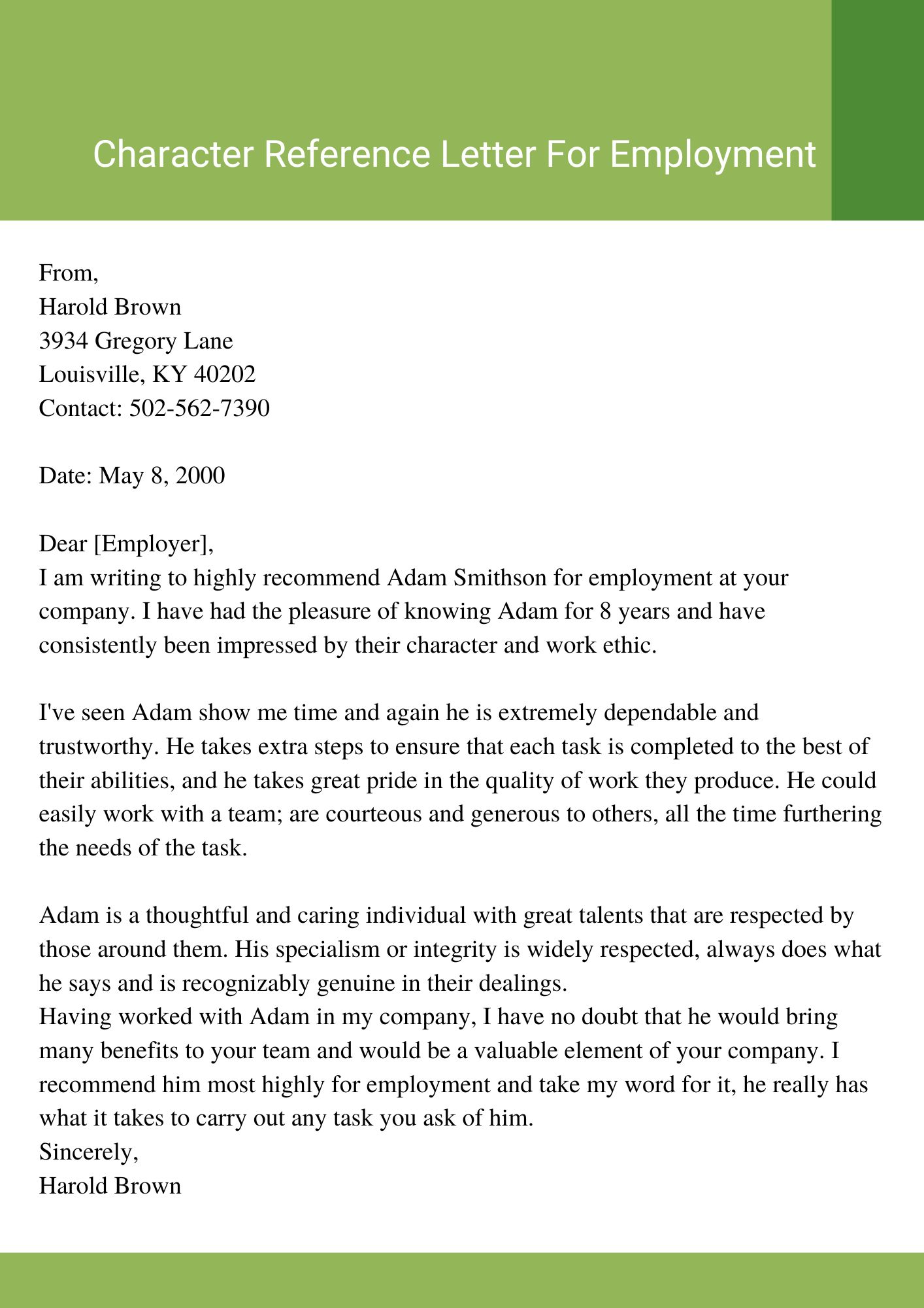 Employment Character Reference Letter Sample